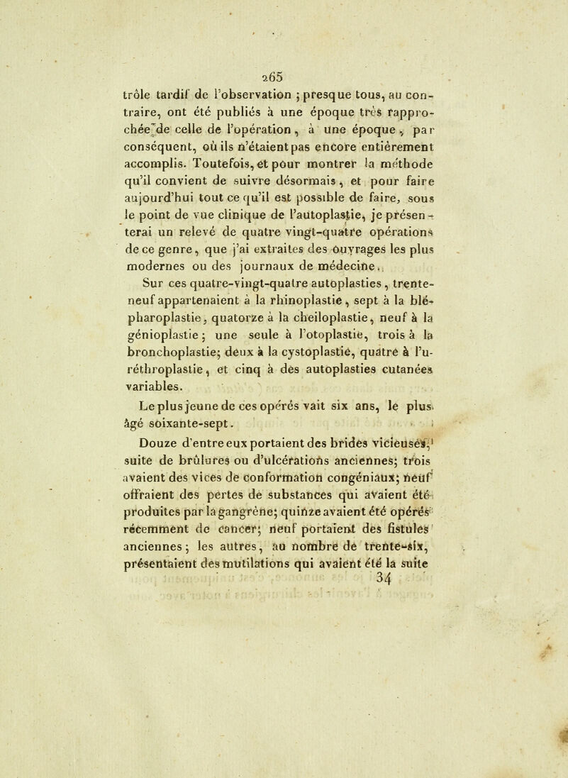 i65 trôle tardif de l'observation ; presque tous, au con- traire, ont été publiés à une époque très rappro- chée^de celle de l'opération , à une époque , pa r conséquent, où ils n'étaient pas encore entièrement accomplis. Toutefois, et pour montrer la méthode qu'il convient de suivre désormais, et pour faire aujourd'hui tout ce qu'il est possible de faire,, sous le point de vue clinique de l'autoplastie, je présen - terai un relevé de quatre vingt-quatre opérations de ce genre, que j'ai extraites des ouvrages les plus modernes ou des journaux de médecine* Sur ces quatre-vingt-quatre autopiasties, trente- neuf appartenaient à la rhinoplastie, sept à la blé- pharoplastie, quatorze à la cheiloplastie, neuf à la génioplastie ; une seule à l'otoplastie, trois à la bronchoplastie; deux à la cystoplastié, quatre à l'u- réthroplastie, et cinq à dès autopiasties cutanées variables. Le plus jeune de ces ope'rés vait six ans, le plus, âgé soixante-sept. l Douze d'entre eux portaient des brides vicieuséïj1 suite de brûlures ou d'ulcérations anciennes; trois avaient des vices de conformation congéniaux; neuf offraient des pertes de substances qui avaient été produites par la gangrène; quinze avaient été opérés récemment de cancer; neuf portaient des fistules anciennes; les autres, au nombre dé trente«éix, présentaient des mutilations qui avaient éié la suite 34
