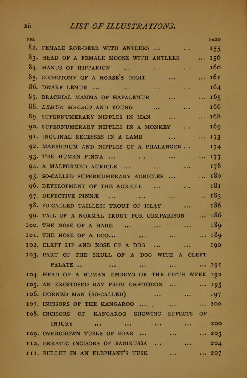 FIG. PAGE 82. FEMALE ROE-DEER WITH ANTLERS ... ... 155 &$. HEAD OF A FEMALE MOOSE WITH ANTLERS ... 156 84. MANUS OF HIPPARION ... ... ... 160 85. DICHOTOMY OF A HORSE'S DIGIT ... ... l6l 86. DWARF LEMUR ... ... ... ... 164 87. BRACHIAL MAMMA OF HAPALEMUR ... ... 165 88. LEMUR MACACO AND YOUNG ... ... 166 89. SUPERNUMERARY NIPPLES IN MAN ... ... 168- 90. SUPERNUMERARY NIPPLES IN A MONKEY ... 169 91. INGUINAL RECESSES IN A LAMB ... ... 173 92. MARSUPIUM AND NIPPLES OF A PHALANGER ... 174 93. THE HUMAN PINNA ... ... ... ... 177 94. A MALFORMED AURICLE ... ... ... 178 95- SO-CALLED SUPERNUMERARY AURICLES ... ... 180 96. DEVELOPMENT OF THE AURICLE ... ... l8l 97. DEFECTIVE PINNAE ... ... ... .-.183 98. SO-CALLED TAILLESS TROUT OF ISLAY ... 186 99. TAIL OF A NORMAL TROUT FOR COMPARISON ... 186 100. THE NOSE OF A HARE ... ... ... 189 101. THE NOSE OF A DOG... ... ... ... 189 102. CLEFT LIP AND NOSE OF A DOG ... ... 190 103. PART OF THE SKULL OF A DOG WITH A CLEFT PALATE... ... ... .., ... 191 104. HEAD OF A HUMAN EMBRYO OF THE FIFTH WEEK 192 105. AN EXOSTOSED RAY FROM CH^ETODON ... ... 195 106. HORNED MAN (SO-CALLED) ... ... 197 107. INCISORS OF THE KANGAROO .... ... ... 20O 108. INCISORS OF KANGAROO SHOWING EFFECTS OF INJURY ... ... ... ... 20O 109. OVERGROWN TUSKS OF BOAR ... ... ... 203 110. ERRATIC INCISORS OF BABIRUSSA ... ... 204 111. BULLET IN AN ELEPHANT'S TUSK ... ... 207