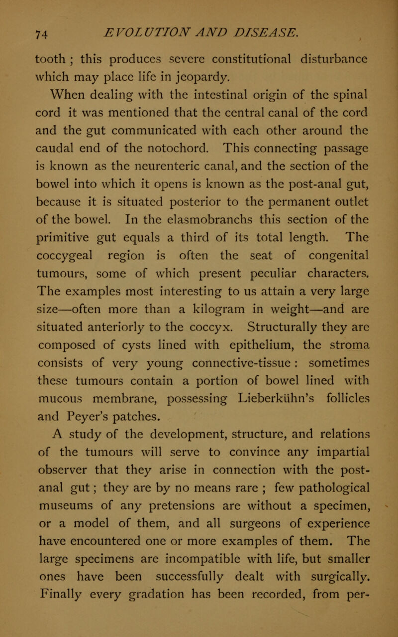 tooth ; this produces severe constitutional disturbance which may place life in jeopardy. When dealing with the intestinal origin of the spinal cord it was mentioned that the central canal of the cord and the gut communicated with each other around the caudal end of the notochord. This connecting passage is known as the neurenteric canal, and the section of the bowel into which it opens is known as the post-anal gut, because it is situated posterior to the permanent outlet of the bowel. In the elasmobranchs this section of the primitive gut equals a third of its total length. The coccygeal region is often the seat of congenital tumours, some of which present peculiar characters. The examples most interesting to us attain a very large size—often more than a kilogram in weight—and are situated anteriorly to the coccyx. Structurally they are composed of cysts lined with epithelium, the stroma consists of very young connective-tissue : sometimes these tumours contain a portion of bowel lined with mucous membrane, possessing Lieberktihn's follicles and Peyer's patches. A study of the development, structure, and relations of the tumours will serve to convince any impartial observer that they arise in connection with the post- anal gut; they are by no means rare ; few pathological museums of any pretensions are without a specimen, or a model of them, and all surgeons of experience have encountered one or more examples of them. The large specimens are incompatible with life, but smaller ones have been successfully dealt with surgically. Finally every gradation has been recorded, from per-