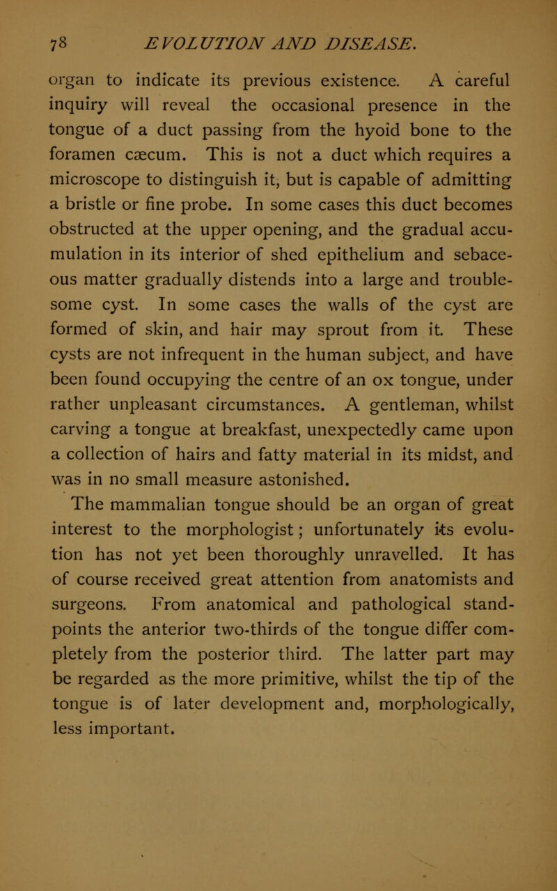 organ to indicate its previous existence. A careful inquiry will reveal the occasional presence in the tongue of a duct passing from the hyoid bone to the foramen caecum. This is not a duct which requires a microscope to distinguish it, but is capable of admitting a bristle or fine probe. In some cases this duct becomes obstructed at the upper opening, and the gradual accu- mulation in its interior of shed epithelium and sebace- ous matter gradually distends into a large and trouble- some cyst. In some cases the walls of the cyst are formed of skin, and hair may sprout from it. These cysts are not infrequent in the human subject, and have been found occupying the centre of an ox tongue, under rather unpleasant circumstances. A gentleman, whilst carving a tongue at breakfast, unexpectedly came upon a collection of hairs and fatty material in its midst, and was in no small measure astonished. The mammalian tongue should be an organ of great interest to the morphologist; unfortunately ks evolu- tion has not yet been thoroughly unravelled. It has of course received great attention from anatomists and surgeons. From anatomical and pathological stand- points the anterior two-thirds of the tongue differ com- pletely from the posterior third. The latter part may be regarded as the more primitive, whilst the tip of the tongue is of later development and, morphologically, less important.