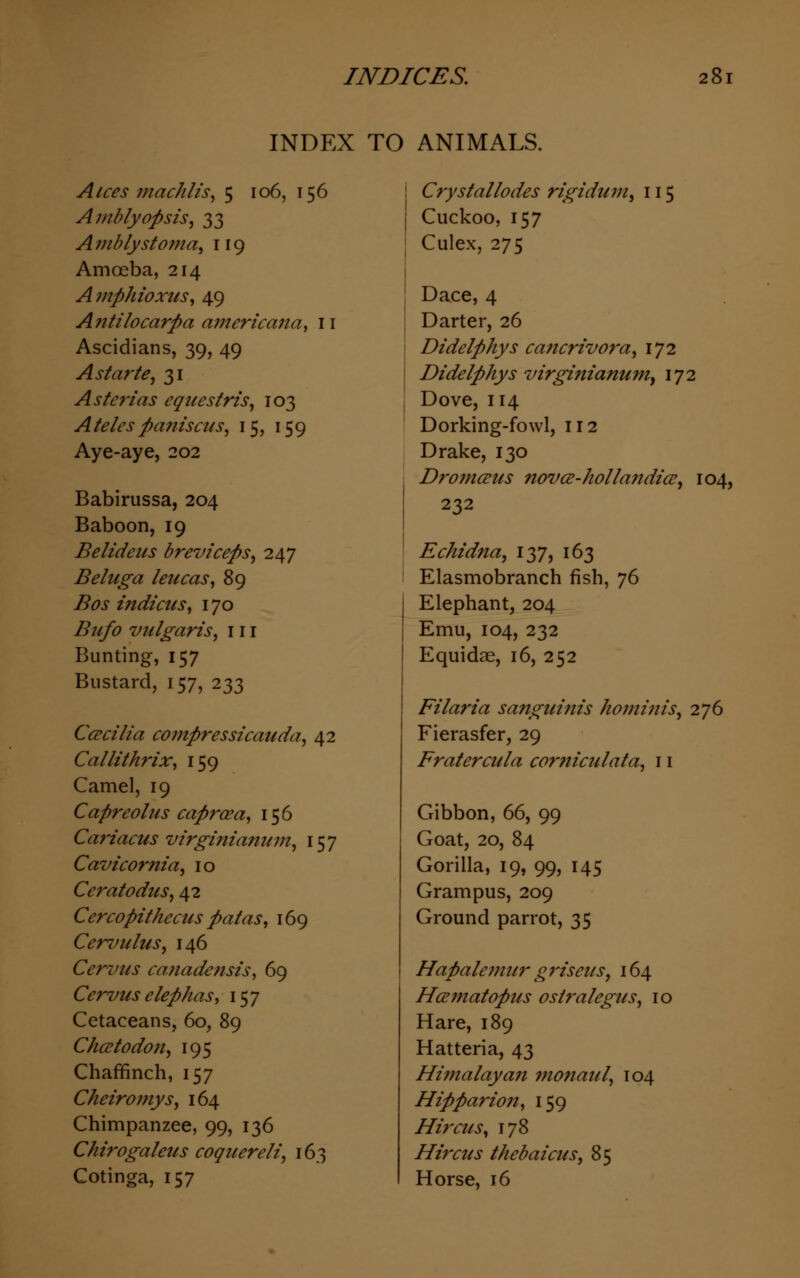 INDEX TO ANIMALS. A ices machlis, 5 106, 156 Amblyopsis, 33 Amblystoma, 119 Amoeba, 214 Amphioxus, 49 A?itilocarpa americana, 11 Ascidians, 39, 49 Astarte, 31 As terms equestris, 103 A teles paniscus, 15, 159 Aye-aye, 202 Babirussa, 204 Baboon, 19 Belideus breviceps, 247 Beluga leucas, 89 Bos indicus, 170 Bufo vulgaris, 111 Bunting, 157 Bustard, 157, 233 Ccecilia compressicauda, 42 Callithrix, 159 Camel, 19 Capreolus caprasa, 156 Cariacus virgi?iianum, 157 Cavicornia, 10 Ceratodus, 42 Cercopithecus pat as, 169 Cervulus, 146 Cervus canadensis, 69 Cervus elephas, 157 Cetaceans, 60, 89 Chcetodon, 195 Chaffinch, 157 Cheiro?nys, 164 Chimpanzee, 99, 136 Chirogaleus coquereli, 163 Cotinga, 157 Crystallodes rigidum, 115 Cuckoo, 157 Culex, 275 Dace, 4 Darter, 26 Didelphys cancrivora, 172 Didelphys virginianum, 172 Dove, 114 Dorking-fowl, 112 Drake, 130 Dromceus novce-hollandia, 104, 232 Echidna, 137, 163 Elasmobranch fish, 76 Elephant, 204 Emu, 104, 232 Equidae, 16, 252 Filaria sanguinis hominis, 276 Fierasfer, 29 Fratercula cor?iiculata, 11 Gibbon, 66, 99 Goat, 20, 84 Gorilla, 19, 99, 145 Grampus, 209 Ground parrot, 35 Hapalemur g riseus, 164 Hcematopus osiralegus, 10 Hare, 189 Hatteria, 43 Himalayan monaul, 104 Hipparion, 159 Hircus, 178 Hircus thebaicus, 85 Horse, 16
