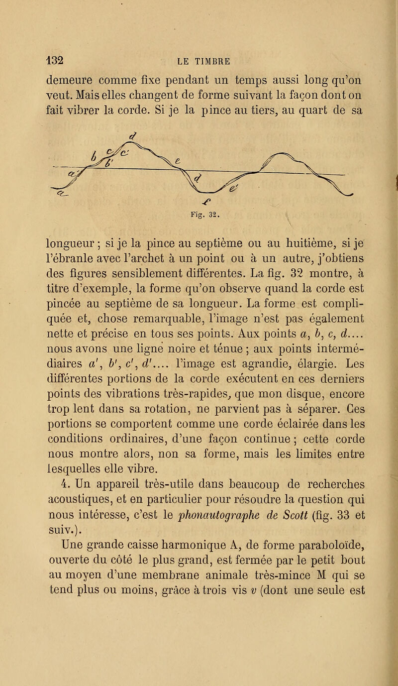 demeure comme fixe pendant un temps aussi long qu'on veut. Mais elles changent de forme suivant la façon dont on fait vibrer la corde. Si je la pince au tiers, au quart de sa longueur ; si je la pince au septième ou au huitième, si je l'ébranlé avec l'archet à un point ou à un autre, j'obtiens des figures sensiblement différentes. La fîg. 32 montre, à titre d'exemple, la forme qu'on observe quand la corde est pincée au septième de sa longueur. La forme est compli- quée et, chose remarquable, l'image n'est pas également nette et précise en tous ses points. Aux points a, 6, c, d.... nous avons une ligne noire et ténue ; aux points intermé- diaires a', b', c', d'.... l'image est agrandie, élargie. Les différentes portions de la corde exécutent en ces derniers points des vibrations très-rapides,, que mon disque, encore trop lent dans sa rotation, ne parvient pas à séparer. Ces portions se comportent comme une corde éclairée dans les conditions ordinaires, d'une façon continue ; cette corde nous montre alors, non sa forme, mais les limites entre lesquelles elle vibre. 4. Un appareil très-utile dans beaucoup de recherches acoustiques, et en particulier pour résoudre la question qui nous intéresse, c'est le phonautographe de Scott (fîg. 33 et suiv.). Une grande caisse harmonique A, de forme paraboloïde, ouverte du côté le plus grand, est fermée par le petit bout au moyen d'une membrane animale très-mince M qui se tend plus ou moins, grâce à trois vis v (dont une seule est