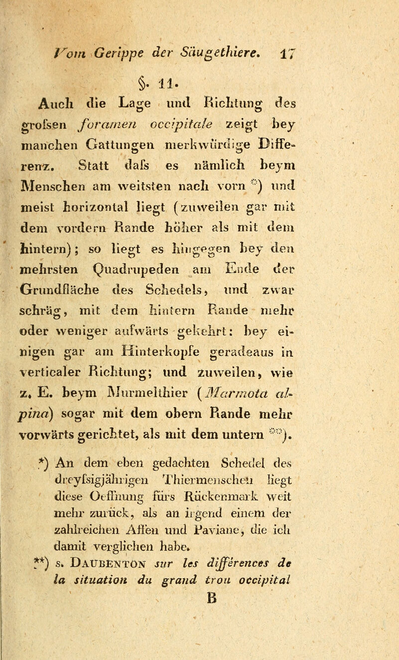 §• 11. Audi die Lage und Riclitung d^s grofsen forarnen occipitale zeigt h^y manchen Gattungen merkwürdige Diffe- renz, Statt dafs es nämlich hejm Menschen am weitsten nach vorn ') und meist horizontal liegt (zuweilen gar mit dem vordem Rande hoher als mit dem hintern); so liegt es hingegen bey ^Gn mehrsten Quadrupeden am Ende der Grundfläche des Schedels, und zwar schräg, mit dem hintern Rande mehr oder weniger aufwärts gekehrt: bey ei* nigen gar am Hinterkopfe geradeaus in verticaler Richtung; und zuweilen, wie z. E. beym JMurmeithier i^Marmota uU pina) sogar mit dem obern Piande mehr vorwärts gerichtet, als mit dem untern •^'). *) An dem eben gedachten Schedel des dreyfsig jährigen Thiermenscheii liegt diese Oefiiiung fürs Rückenmark weit mehr zurück, als an hgeiid. einem der zahheichen Afteii und Paviane, die ich damit verglichen habe. f*) s. Daubenton sur Us äiffSrences äe la Situation du graiid trou occipital B