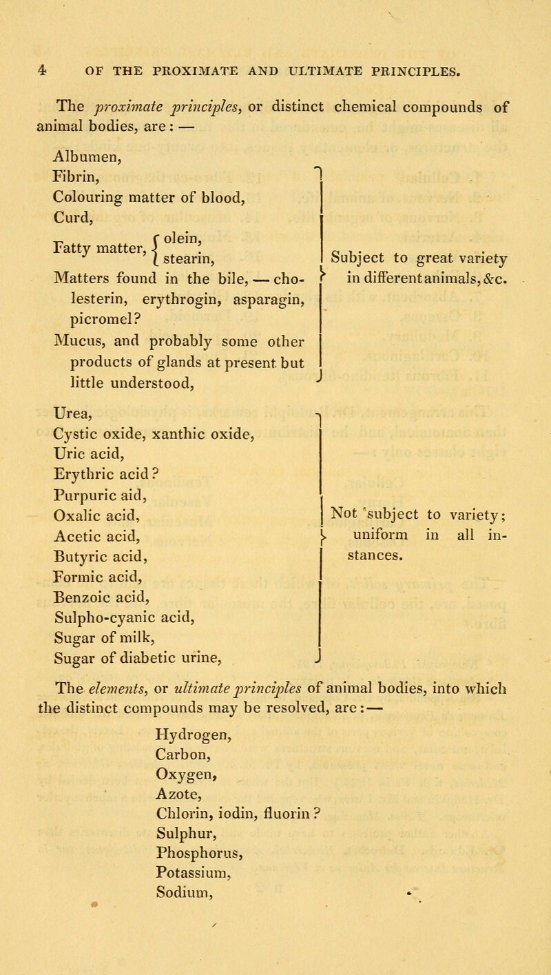 Subject to great variety in different animals, &c. The -proximate principles, or distinct chemical compounds of animal bodies, are: — Albumen, Fibrin, Colouring matter of blood, Curd, Fatty matter, \ ? I stearin, Matters found in the bile, — cho- lesterin, erythrogin, asparagin, picromel? Mucus, and probably some other products of glands at present, but little understood, Urea, Cystic oxide, xanthic oxide, Uric acid, Erythric acid ? Purpuric aid, Oxalic acid, Acetic acid, [> Butyric acid, Formic acid, Benzoic acid, Sulpho-cyanic acid, Sugar of milk, Sugar of diabetic urine, The elements, or ultimate principles of animal bodies, into which the distinct compounds may be resolved, are: — Hydrogen, Carbon, Oxygen, Azote, Chlorin, iodin, fluorin ? Sulphur, Phosphorus, Potassium, Sodium, Not'subject to variety; uniform in all in- stances.