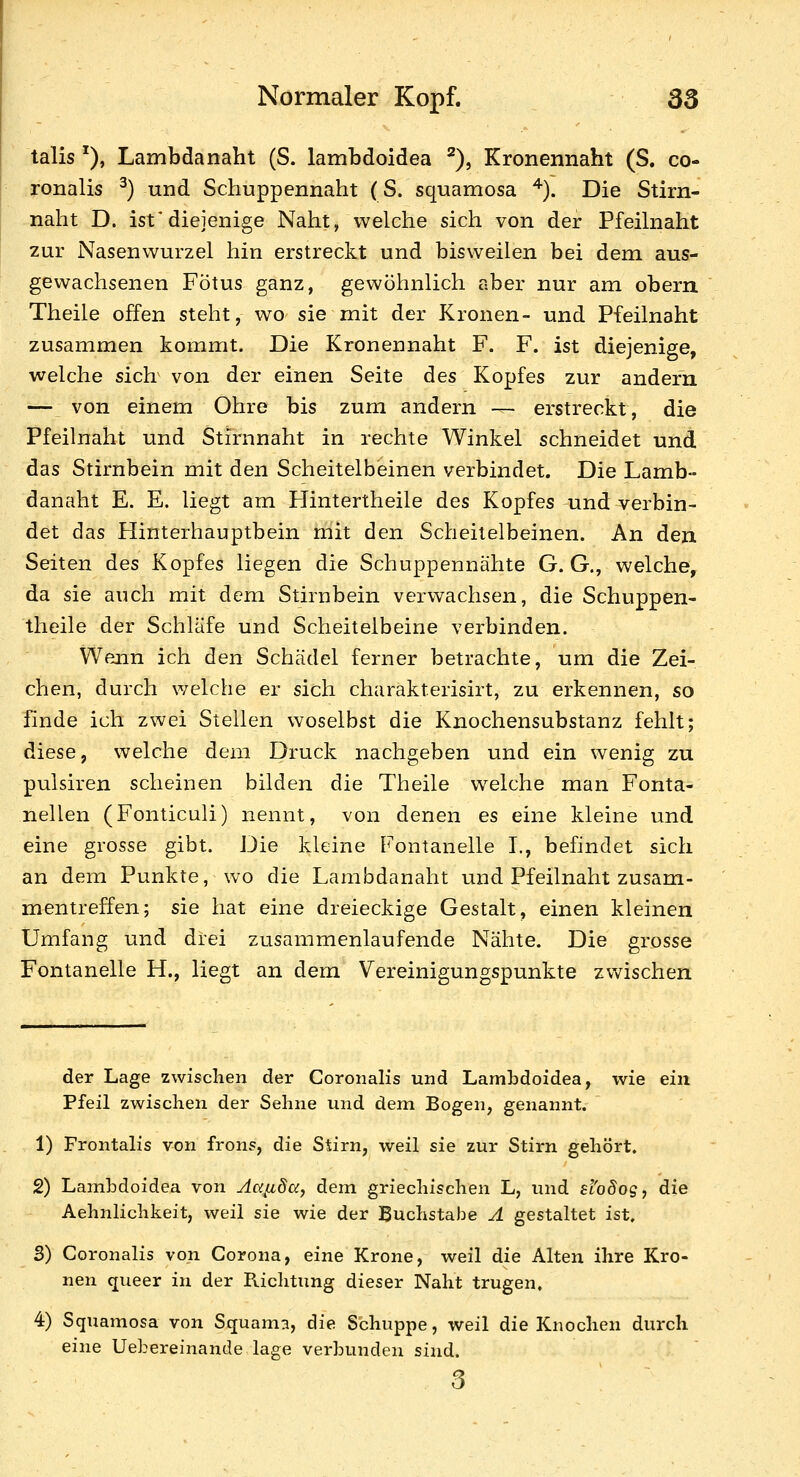 talis ^), Lambdanaht (S. lambdoidea ^), Kronennaht (S. co- ronalis ^) und Schuppennaht (S. squamosa ^). Die Stirn- naht D. ist'diejenige Naht, welche sich von der Pfeihiaht zur Nasenwurzel hin erstreckt und bisweilen bei dem aus- gewachsenen Fötus ganz, gewöhnlich aber nur am obern Theile offen steht, wo sie mit der Kronen- und Pfeilnaht zusammen kommt. Die Kronennaht F. F. ist diejenige, welche sich von der einen Seite des Kopfes zur andern — von einem Ohre bis zum andern — erstreckt, die Pfeilnaht und Stirnnaht in rechte Winkel schneidet und das Stirnbein mit den Scheitelbeinen verbindet. Die Lamb» danaht E. E. liegt am Hintertheile des Kopfes und verbin- det das Hinterhauptbein mit den Scheitelbeinen. An den Seiten des Kopfes liegen die Schuppennähte G.G., welche, da sie auch mit dem Stirnbein verwachsen, die Schuppen- theile der Schläfe und Scheitelbeine verbinden. Wenn ich den Schädel ferner betrachte, um die Zei- chen, durch welche er sich charakterisirt, zu erkennen, so finde ich zwei Stellen woselbst die Knochensubstanz fehlt; diese, welche dem Druck nachgeben und ein wenig zu pulsiren scheinen bilden die Theile welche man Fonta- nellen (Fonticuli) nennt, von denen es eine kleine und eine grosse gibt. Die kleine Fontanelle L, befindet sich an dem Punkte, wo die Lambdanaht und Pfeilnaht zusam- mentreffen; sie hat eine dreieckige Gestalt, einen kleinen Umfang und drei zusammenlaufende Nähte. Die grosse Fontanelle H., liegt an dem Vereinigungspunkte zwischen der Lage zwisclien der Coronalis und Lambdoidea, wie ein Pfeil zwischen der Sehne und dem Bogen, genannt. 1) Frontalis von frons, die Stirn, weil sie zur Stirn gehört. 2) Lambdoidea von Aaiiöa, dem griechischen L, und BLoSog, die Aehnlichkeit, weil sie wie der Buchstabe A gestaltet ist, S) Coronalis von Corona, eine Krone, weil die Alten ihre Kro- nen queer in der Richtung dieser Naht trugen, 4) Squamosa von Squama, die Schuppe, weil die Knochen durch eine Uebereinande läge verbunden sind. 5