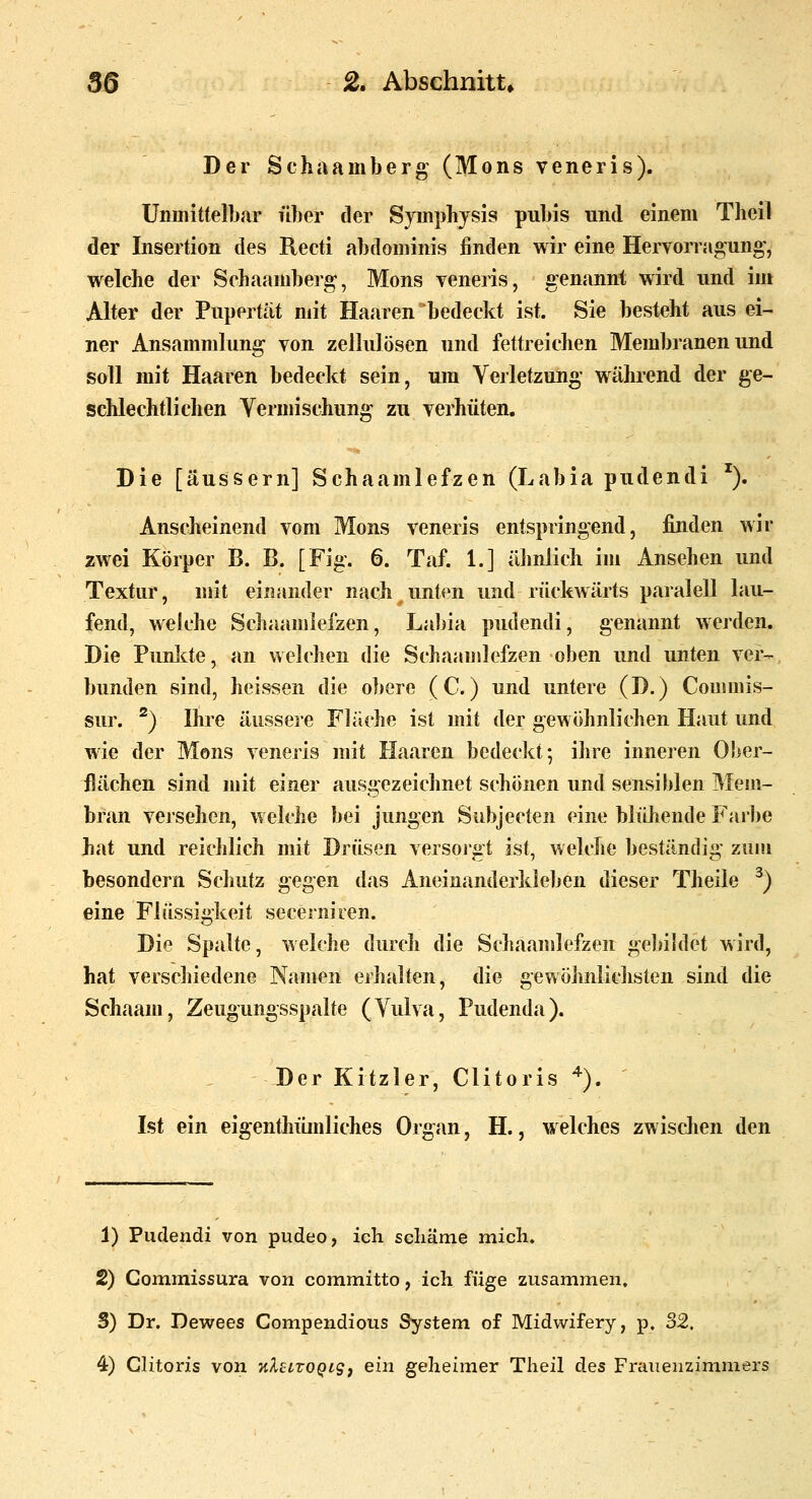 Der Sehaamberg (Mons veneris). Unmittelbar über der Symphysis pubis und einem Theil der Insertion des Recti abdominis finden wir eine Hervorragung-, welche der Schaaniberg, Mons veneris, genannt wird und im Alter der Pupertät mit Haaren bedeckt ist. Sie besteht aus ei- ner Ansammlung von zellulösen und fettreichen Membranen und soll mit Haaren bedeckt sein, um Verletzung während der ge- schlechtliehen Vermischung zu verhüten. Die [äussern] Schaamlefzen (Labia pudendi ^). Anscheinend vom Mons veneris entspringend, j&nden wir zwei Körper B. B. [Fig. 6. Taf. 1.] ähnlich im Ansehen und Textur, mit einander nach^unten und rückwärts paralell lau- fend, welche Schaamlefzen, Labia pudendi, genannt werden. Die PunJtte, an welchen die Schaamlefzen oben und unten ver-, bunden sind, heissen die obere (C.) und untere (D.) Commis- sur. ^) Ihre äussere Fläche ist mit der gewöhnlichen Haut und wie der Mons veneris mit Haaren bedeckt; ihre inneren Ober- flächen sind mit einer ausgezeichnet schönen und sensiblen Mem- bran versehen, welche bei jungen Subjecten eine blühende Farbe hat und reichlich mit Drüsen versoigt ist, welche beständig zum besondern Schutz gegen das Aneinanderkleben dieser Theile ^) eine Flüssigkeit secerniren. Die Spalte, welche durch die Scha.anälefzen gebihlet wird, hat verschiedene Namen erhalten, die gewöhnlichsten sind die Schaam, Zeugungsspalte (Vulva, Pudenda). Der Kitzler, Clitoris ^). Ist ein eigenthümliches Organ, H., welches zwisclien den 1) Pudendi von pudeo, ich scliäme micli. 2) Commissura von committo, ich füge zusammen, S) Dr. Dewees Compendious System of Midwifery, p. 32. 4) Clitoris von nUivoQLgf ein geheimer Theil des Frauenzimmers