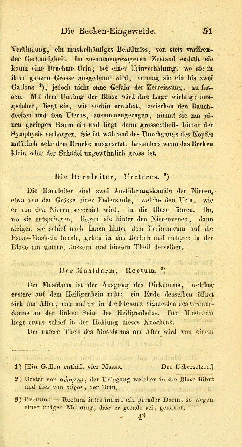 Verbindung', ein inuskelhäutig-es Beliältniss, von stets variiren- der Geräumigkeit. Im zusammengezog-enen Zustand enthält sie kaum eine Drachme Urin; bei einer Urinverhaitung, wo sie in ilirer ganzen Grösse ausgedehnt wird, vermag' sie ein bis zwei Gallons *), jedoch nicht ohne Gefahr' der Zerreissung', zufas- sen. Mit dem Umfang' der Blase wird ihie Lage wichtig'; aus- gedeJmt, liegt sie, wie vorhin erwähnt, zwischen den Bauch- decken und dem Uterus, zusammengezogen, nimmt sie nur ei- nen geringen Raum ein und liegt dann grossentheils hinter der SjmpJiysis verborgen. Sie ist während des Durchgangs des Kopfes na(ürlic]i sehr dem Diucke ausgesetzt, b43sonders wenn das Becken klein oder der Schädel ungewöhnlich gross ist. Die Harnleiter, Üreteres. ^) Die Harnleiter sind zwei AusfiHirungskanäle der Nieren, etwa von der Grösse einer Federspule, welche den Ui'in, wie er von dun Nieren secernirt wird, in die Blase füliren. Da, wo sie entspiingcn, liegen sie hinter den Nierenvenen, dann steigen sie scliief nach Innen hinter dem Periionaeiim auf die Psoas-Muskeln hciab, gelten in das Becken und endigen in der Blase am untern, äussern und hintern Tlieil derselben. Der Mastdarm, Rectum. ^ Der Mastdarm ist der Ausgang des Dickdarms, welcher erstere auf dem Heiligenbein rulit; ein Ende desselben öffnet Bich am After, das andere in dieFlexura sigmoidea des Grimm- darius an der linken Seite des Heiligenbeins. Der Mas^larm liegt etwas schief in der Röhlung dieses Knochens. Der untere Theil des IMastchxrms am After wiid von einem 1) [Ein Gallon enthält vier Maass. Der Uebersetzer,] 2 ) Ureter von ovQrjtrjQ, der TJringang welcher in die Blase führt und dies von ovqov, der Urin, S) Rectum: — Rectum intestinum, ein gerader Darm, so wegen einer irrigen Meinung, dass er gerade sei j genannt, - - ^*