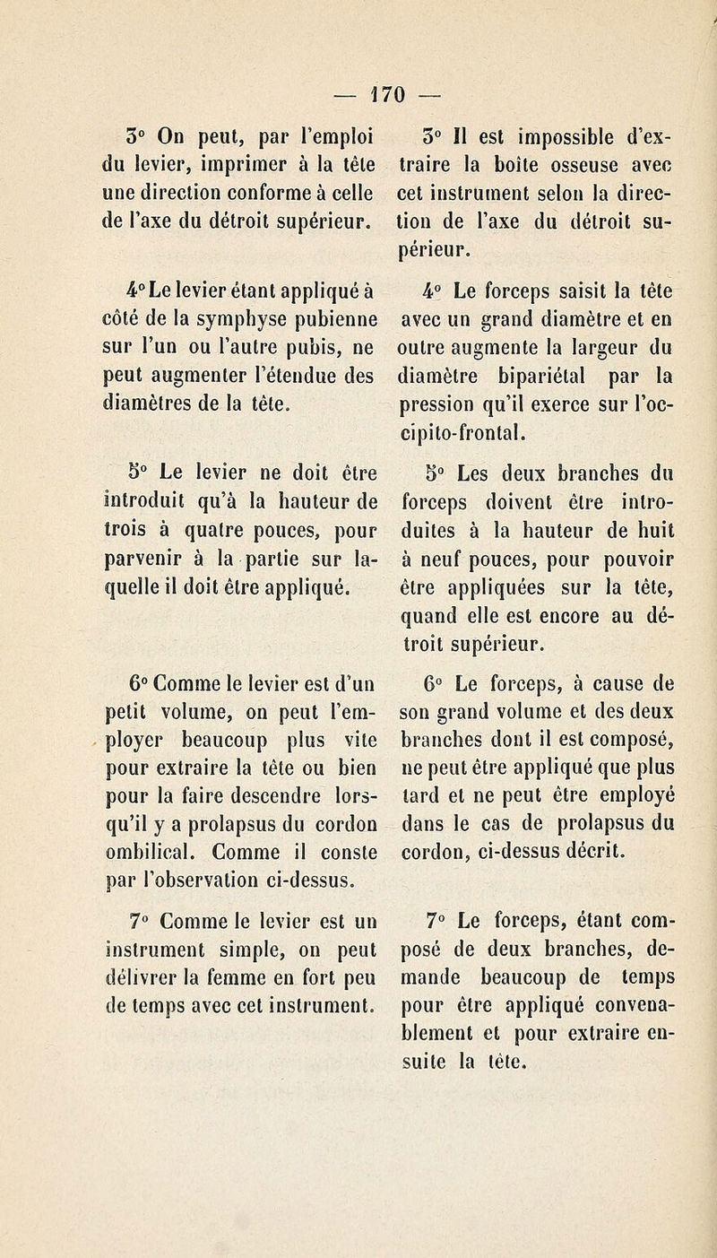 3 On peut, par l'emploi du levier, imprimer à la têle une direction conforme à celle de l'axe du détroit supérieur. 4.°Le levier étant appliqué à côté de la symphyse pubienne sur l'un ou l'autre pubis, ne peut augmenter l'étendue des diamètres de la tète. 5° Le levier ne doit être introduit qu'à la hauteur de trois à quatre pouces, pour parvenir à la partie sur la- quelle il doit être appliqué. 6 Comme le levier est d'un petit volume, on peut l'em- ployer beaucoup plus vite pour extraire la tête ou bien pour la faire descendre lors- qu'il y a prolapsus du cordon ombilical. Comme il conste par l'observation ci-dessus. 30 II est impossible d'ex- traire la boîte osseuse avec cet instrument selon la direc- tion de l'axe du détroit su- périeur. 4° Le forceps saisit la tête avec un grand diamètre et en outre augmente la largeur du diamètre bipariétal par la pression qu'il exerce sur l'oc- ci pi to-frontal. S° Les deux branches du forceps doivent être intro- duites à la hauteur de huit à neuf pouces, pour pouvoir être appliquées sur la tête, quand elle est encore au dé- troit supérieur. 6° Le forceps, à cause de son grand volume et des deux branches dont il est composé, ne peut être appliqué que plus lard et ne peut être employé dans le cas de prolapsus du cordon, ci-dessus décrit. 7° Comme le levier est un 7° Le forceps, étant com- instrument simple, on peut posé de deux branches, de- délivrer la femme en fort peu mande beaucoup de temps de temps avec cet instrument, pour être appliqué convena- blement et pour extraire en- suite la tête.