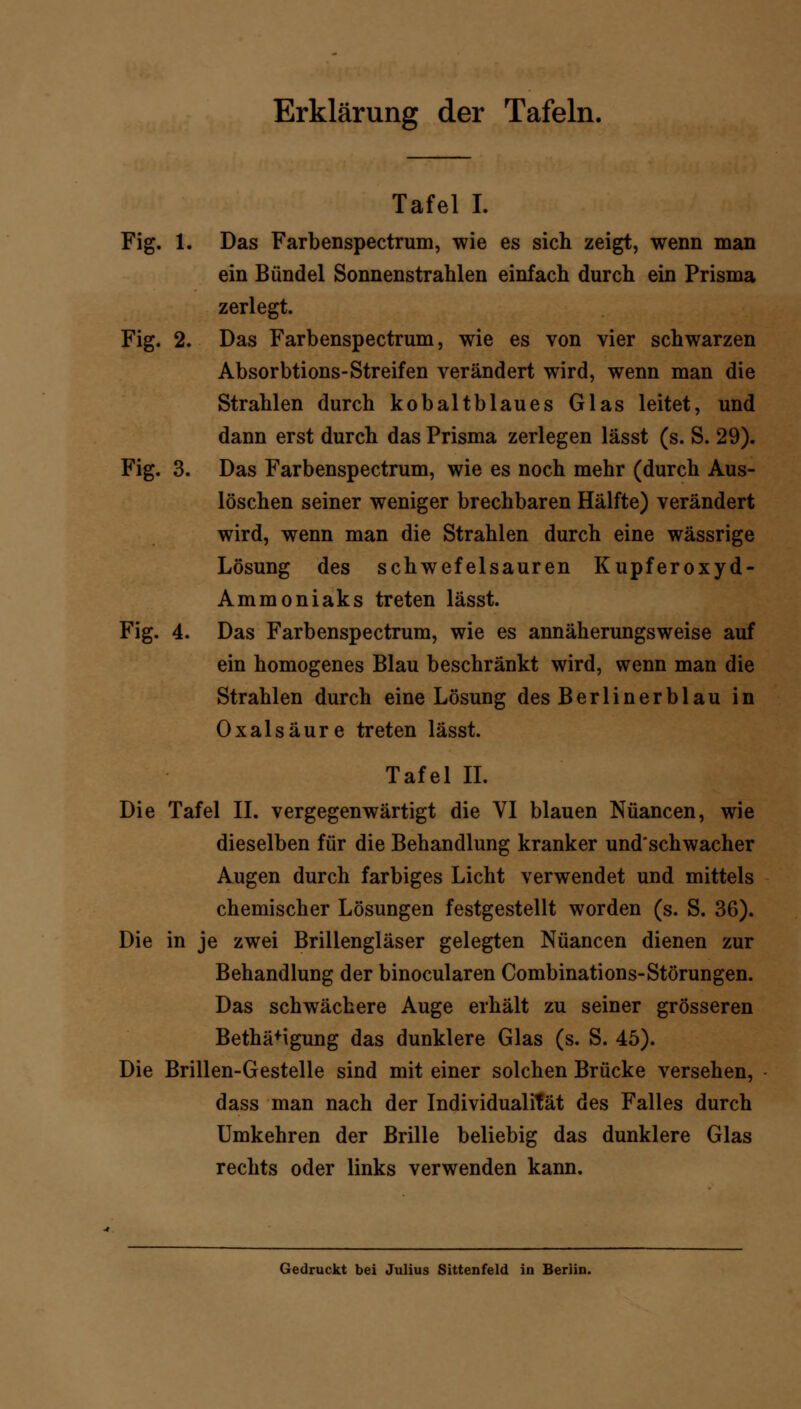 Erklärung der Tafeln. Tafel I. Fig. 1. Das Farbenspectrum, wie es sich zeigt, wenn man ein Bündel Sonnenstrahlen einfach durch ein Prisma zerlegt. Fig. 2. Das Farbenspectrum, wie es von vier schwarzen Absorbtions-Streifen verändert wird, wenn man die Strahlen durch kobaltblaues Glas leitet, und dann erst durch das Prisma zerlegen lässt (s. S. 29). Fig. 3. Das Farbenspectrum, wie es noch mehr (durch Aus- löschen seiner weniger brechbaren Hälfte) verändert wird, wenn man die Strahlen durch eine wässrige Lösung des schwefelsauren Kupferoxyd- Ammoniaks treten lässt. Fig. 4. Das Farbenspectrum, wie es annäherungsweise auf ein homogenes Blau beschränkt wird, wenn man die Strahlen durch eine Lösung des Berlin er blau in Oxalsäure treten lässt. Tafel IL Die Tafel IL vergegenwärtigt die VI blauen Nuancen, wie dieselben für die Behandlung kranker undschwacher Augen durch farbiges Licht verwendet und mittels chemischer Lösungen festgestellt worden (s. S. 36). Die in je zwei Brillengläser gelegten Nuancen dienen zur Behandlung der binocularen Combinations-Störungen. Das schwächere Auge erhält zu seiner grösseren Bethä+igung das dunklere Glas (s. S. 45). Die Brillen-Gestelle sind mit einer solchen Brücke versehen, dass man nach der Individualität des Falles durch Umkehren der Brille beliebig das dunklere Glas rechts oder links verwenden kann. Gedruckt bei Julius Sittenfeld in Berlin.