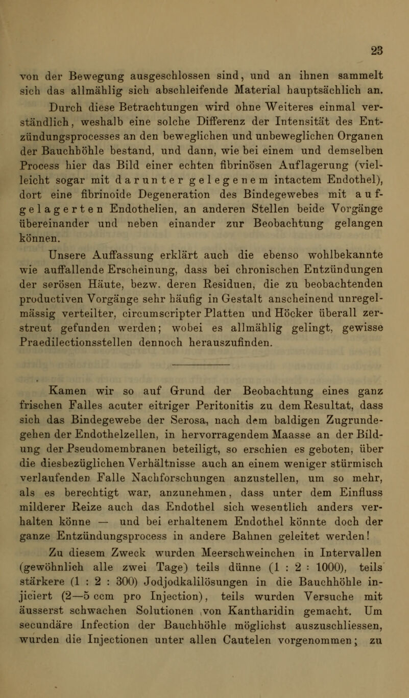 von der Bewegung ausgeschlossen sind, und an ihnen sammelt sich das allmählig sich abschleifende Material hauptsächlich an. Durch diese Betrachtungen wird ohne Weiteres einmal ver- ständlich , weshalb eine solche Differenz der Intensität des Ent- zündungsprocesses an den beweglichen und unbeweglichen Organen der Bauchhöhle bestand, und dann, wie bei einem und demselben Process hier das Bild einer echten fibrinösen Auflagerung (viel- leicht sogar mit darunter gelegenem intactem Endothel), dort eine fibrinoide Degeneration des Bindegewebes mit auf- gelagerten Endothelien, an anderen Stellen beide Vorgänge übereinander und neben einander zur Beobachtung gelangen können. Unsere Aufi'assung erklärt auch die ebenso wohlbekannte wie auff*allende Erscheinung, dass bei chronischen Entzündungen der serösen Häute, bezw. deren Residuen, die zu beobachtenden productiven Vorgänge sehr häufig in Gestalt anscheinend unregel- mässig verteilter, circumscripter Platten und Höcker überall zer- streut gefunden werden; wobei es allmählig gelingt, gewisse Praedilectionsstellen dennoch herauszufinden. Kamen wir so auf Grund der Beobachtung eines ganz frischen Falles acuter eitriger Peritonitis zu dem Resultat, dass sich das Bindegewebe der Serosa, nach dt^ra baldigen Zugrunde- gehen der Endothelzellen, in hervorragendem Maasse an der Bild- ung der Pseudomembranen beteiligt, so erschien es geboten, über die diesbezüglichen Verhältnisse auch an einem weniger stürmisch verlaufenden Falle Nachforschungen anzustellen, um so mehr, als es berechtigt war, anzunehmen, dass unter dem Einfluss milderer Reize auch das Endothel sich wesentlich anders ver- halten könne — und bei erhaltenem Endothel könnte doch der ganze Entzündungsprocess in andere Bahnen geleitet werden! Zu diesem Zweck wurden Meerschweinchen in Intervallen (gewöhnlich alle zwei Tage) teils dünne (1:2: 1000), teils stärkere (1:2: 300) Jodjodkalilösungen in die Bauchhöhle in- jiciert (2—5 ccm pro Injection), teils wurden Versuche mit äusserst schwachen Solutionen ^von Kantharidin gemacht. Um secundäre Infection der Bauchhöhle möglichst auszuschliessen, wurden die Injectionen unter allen Cautelen vorgenommen; zu
