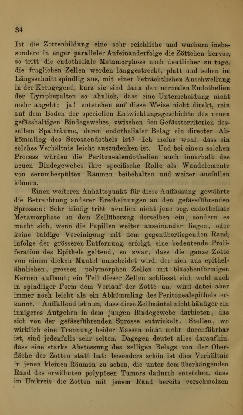 Ist die Zottenbildung eine sehr reichliche und wuchern insbe- sondere in enger paralleler Aufeinanderfolge die Zöttchen hervor, so tritt die endotheliale Metamorphose noch deutlicher zu tage, die fraglichen Zellen werden langgestreckt, platt und sehen im Längsschnitt spindlig aus, mit einer beträchtlichen Anschwellung in der Kerngegend, kurz sie sind dann den normalen Endothelien der Lymphspalten so ähnlich, dass eine Unterscheidung nicht mehr angeht: ja! entstehen auf diese Weise nicht direkt, rein auf dem Boden der speciellen Entwicklungsgeschichte des neuen gefässhaltigen Bindegewebes, zwischen den Gefässterritorien des- selben Spalträume, deren endothelialer Belag ein directer Ab- kömmling des Serosaendothels ist? Ich meine wohl, dass ein solches Verhältnis leicht auszudenken ist. Und bei einem solchen Process würden die Peritonealendothelien auch innerhalb des neuen Bindegewebes ihre specifische Holle als Wandelemente von serumbespülten Räumen beibehalten und weiter ausfüllen können. Einen weiteren Anhaltspunkt für diese Auffassung gewährte die Betrachtung anderer Erscheinungen an den gefässführenden Sprossen: Sehr häufig tritt nemlich nicht jene sog. endotheliale Metamorphose an dem Zellüberzug derselben ein, sondern es macht sich, wenn die Papillen weiter auseinander liegen, oder keine baldige Vereinigung mit dem gegenüberliegenden Rand, infolge der grösseren Entfernung, erfolgt, eine bedeutende Proli- feration des Epithels geltend, so zwar, dass die ganze Zotte von einem dicken Mantel umscheidet wird, der sich aus epithel- ähnlichen , grossen, polymorphen Zellen mit bläschenförmigen Kernen aufbaut; ein Teil dieser Zellen schliesst sich wohl auch in spindliger Form dem Verlauf der Zotte an, wird dabei aber immer noch leicht als ein Abkömmling des Peritonealepithels er- kannt. Auffallend ist nun, dass diese Zellmäntel nicht häufiger ein innigeres Aufgehen in dem jungen Bindegewebe darbieten , das sich von der gefässführenden Sprosse entwickelt: Stellen, wo wirklich eine Trennung beider Massen nicht mehr durchführbar ist, sind jedenfalls sehr selten. Dagegen deutet alles daraufhin, dass eine starke Abstossung des zelligen Belags von der Ober- fläche der Zotten statt hat: besonders schön ist dies Verhältnis in jenen kleinen Räumen zu sehen, die unter dem überhängenden Rand des erwähnten polypösen Tumors dadurch entstehen, dass im Umkreis die Zotten mit jenem Rand bereits verschmolzen