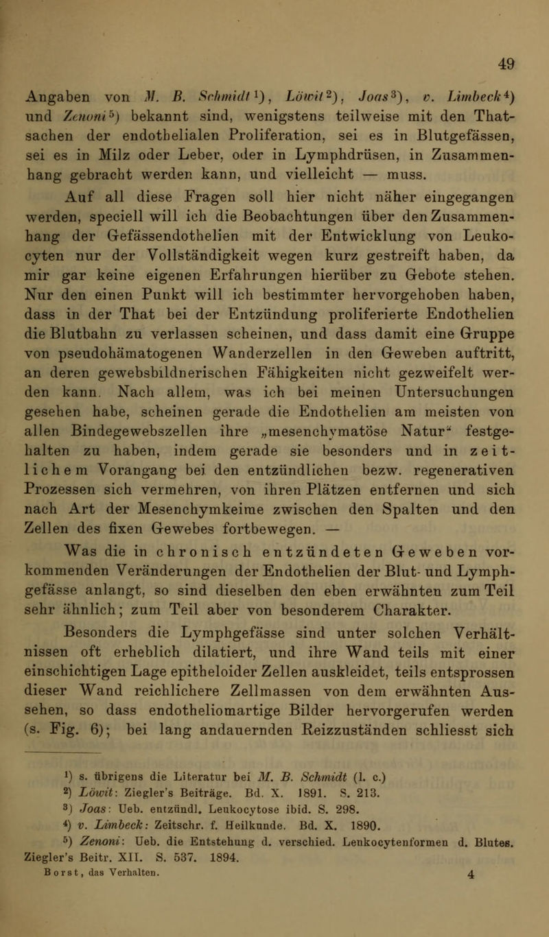 Angaben von M. B. Schmidt^), Löivit^), Joas^), v. Limbeck^) und Zemmi^) bekannt sind, wenigstens teilweise mit den That- sachen der endothelialen Proliferation, sei es in Blutgefässen, sei es in Milz oder Leber, oder in Lymphdrüsen, in Zusammen- hang gebracht werden kann, und vielleicht — muss. A.\xi all diese Fragen soll hier nicht näher eingegangen werden, speciell will ich die Beobachtungen über den Zusammen- hang der Gefässendothelien mit der Entwicklung von Leuko- cyten nur der Vollständigkeit wegen kurz gestreift haben, da mir gar keine eigenen Erfahrungen hierüber zu Gebote stehen. Nur den einen Punkt will ich bestimmter hervorgehoben haben, dass in der That bei der Entzündung proliferierte Endothelien die Blutbahn zu verlassen scheinen, und dass damit eine Gruppe von pseudohämatogenen Wanderzellen in den Geweben auftritt, an deren gewebsbildnerischen Fähigkeiten nicht gezweifelt wer- den kann. Nach allem, was ich bei meinen Untersuchungen gesehen habe, scheinen gerade die Endothelien am meisten von allen Bindegewebszellen ihre „mesenchymatöse Natur^ festge- halten zu haben, indem gerade sie besonders und in zeit- lichem Vorangang bei den entzündlichen bezw. regenerativen Prozessen sich vermehren, von ihren Plätzen entfernen und sich nach Art der Mesenchymkeime zwischen den Spalten und den Zellen des fixen Gewebes fortbewegen. — Was die in chronisch entzündeten Geweben vor- kommenden Veränderungen der Endothelien der Blut- und Lymph- gefässe anlangt, so sind dieselben den eben erwähnten zum Teil sehr ähnlich; zum Teil aber von besonderem Charakter. Besonders die Lymphgefässe sind unter solchen Verhält- nissen oft erheblich dilatiert, und ihre Wand teils mit einer einschichtigen Lage epitheloider Zellen auskleidet, teils entsprossen dieser Wand reichlichere Zellmassen von dem erwähnten Aus- sehen, so dass endotheliomartige Bilder hervorgerufen werden (s. Fig. 6); bei lang andauernden Reizzuständen schliesst sich 1) s. übrigens die Literatur bei M. B. Schmidt (1. c.) 2) Löwü: Ziegler's Beiträge. Bd. X. 1891. S. 213. 3j Joas: Ueb. entzündl, Leukocytose ibid. S. 298. 4) V. Limheck: Zeitschr. f. Heilkunde. Bd. X. 1890. 5) Zenoni: Ueb. die Entstehung d. verschied. Lenkocytenformen d. Blutes. Ziegler's Beitr. XII. S. 537. 1894. Borst, das Verhalten. 4