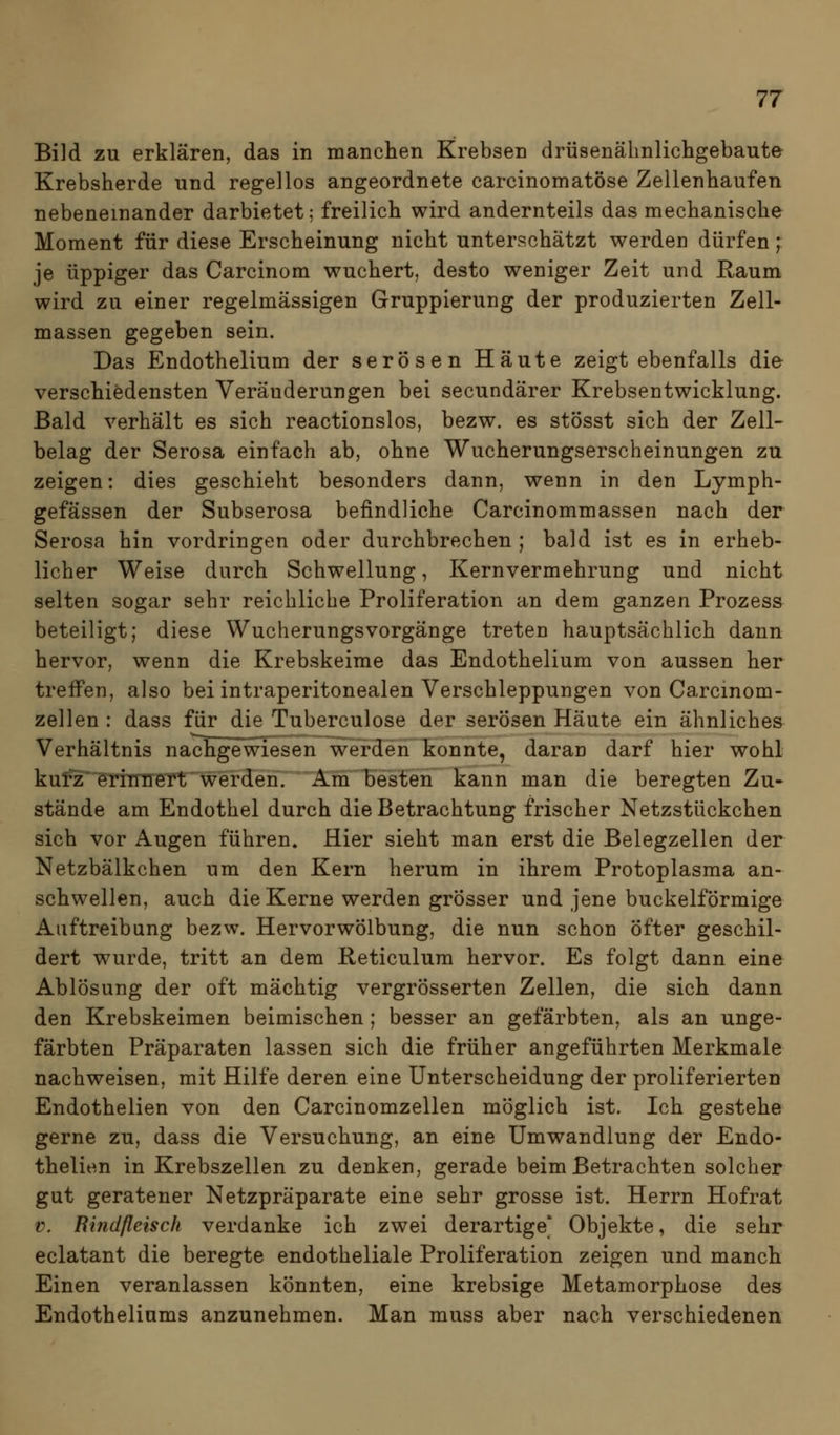17 Bild zu erklären, das in manclien Krebsen drüsenälmlicligebaute Krebsherde und regellos angeordnete carcinomatöse Zellenhaufen nebeneinander darbietet; freilich wird andernteils das mechanische Moment für diese Erscheinung nicht unterschätzt werden dürfen; je üppiger das Carcinom wuchert, desto weniger Zeit und Raum wird zu einer regelmässigen Gruppierung der produzierten Zell- massen gegeben sein. Das Endothelium der serösen Häute zeigt ebenfalls die verschiedensten Veränderungen bei secundärer Krebsentwicklung. Bald verhält es sich reactionslos, bezw. es stösst sich der Zell-- belag der Serosa einfach ab, ohne Wucherungserscheinungen zu zeigen: dies geschieht besonders dann, wenn in den Lymph- gefässen der Subserosa befindliche Carcinommassen nach der Serosa hin vordringen oder durchbrechen ; bald ist es in erheb- licher Weise durch Schwellung, Kernvermehrung und nicht selten sogar sehr reichliche Proliferation an dem ganzen Prozess beteiligt; diese Wucherungsvorgänge treten hauptsächlich dann hervor, wenn die Krebskeime das Endothelium von aussen her treffen, also bei intraperitonealen Verschleppungen von Carcinom- Zellen : dass für die Tuberculose der serösen Häute ein ähnliches Verhältnis nachgewiesen werden konnte, daran darf hier wohl kufz^riTmeft'werden. Am besten kann man die beregten Zu- stände am Endothel durch die Betrachtung frischer Netzstückchen sich vor Augen führen» Hier sieht man erst die Belegzellen der Netzbälkchen um den Kern herum in ihrem Protoplasma an- schwellen, auch die Kerne werden grösser und jene buckeiförmige Auftreibung bezw. Hervorwölbung, die nun schon Öfter geschil- dert wurde, tritt an dem Reticulum hervor. Es folgt dann eine Ablösung der oft mächtig vergrösserten Zellen, die sich dann den Krebskeimen beimischen; besser an gefärbten, als an unge- färbten Präparaten lassen sich die früher angeführten Merkmale nachweisen, mit Hilfe deren eine Unterscheidung der proliferierten Endothelien von den Carcinomzellen möglich ist. Ich gestehe gerne zu, dass die Versuchung, an eine Umwandlung der Endo- thelien in Krebszellen zu denken, gerade beim Betrachten solcher gut geratener Netzpräparate eine sehr grosse ist. Herrn Hofrat V. Bindfleisch verdanke ich zwei derartige' Objekte, die sehr eclatant die beregte endotheliale Proliferation zeigen und manch Einen veranlassen könnten, eine krebsige Metamorphose des Endotheliums anzunehmen. Man muss aber nach verschiedenen