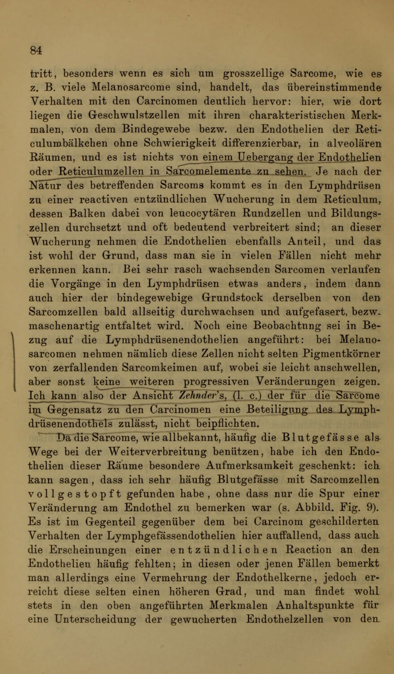 tritt, besonders wenn es sich um grosszellige Sarcome, wie es z. B. viele Melanosarcome sind, handelt, das übereinstimmende Verhalten mit den Carcinomen deutlich hervor: hier, wie dort liegen die Geschwulstzellen mit ihren charakteristischen Merk- malen, von dem Bindegewebe bezw. den Endothelien der Reti- culumbälkchen ohne Schwierigkeit difFerenzierbar, in alveolären Räumen, und es ist nichts von^einem Uebergang der Endothelien oder Reticulumzellen in Sarcomßlemente zu sehen. Je nach der Natur des betreffenden Sarcoms kommt es in den Lymphdrüsen zu einer reactiven entzündlichen Wucherung in dem Reticulum^ dessen Balken dabei von leucocytären Rundzellen und Bildungs- zellen durchsetzt und oft bedeutend verbreitert sind; an dieser Wucherung nehmen die Endothelien ebenfalls Anteil, und das ist wohl der Grund, dass man sie in vielen Fällen nicht mehr erkennen kann. Bei sehr rasch wachsenden Sarcomen verlaufen die Vorgänge in den Lymphdrüsen etwas anders, indem dann auch hier der bindegewebige Grundstock derselben von den Sarcomzellen bald allseitig durchwachsen und aufgefasert, bezw. maschenartig entfaltet wird. Noch eine Beobachtung sei in Be- zug auf die Lymphdrüsenendothelien angeführt: bei Melano- sarcomen nehmen nämlich diese Zellen nicht selten Pigmentkörner von zerfallenden Sarcomkeimen auf, wobei sie leicht anschwellen, aber sonst keine weiteren progressiven Veränderungen zeigen» Ich kann also der Ansicht Zehndej-'s, (1. c.) der für die Sarcome im Gegensatz zu den Carcinomen eine Beteiligung des Lymph- drüsenendothels zulässt, nicht beipflichten. ^ Da die Sarcome, wie allbekannt, häufig die Blutgefässe als Wege bei der Weiterverbreitung benützen, habe ich den Endo- thelien dieser Räume besondere Aufmerksamkeit geschenkt: icK kann sagen, dass ich sehr häufig Blutgefässe mit Sarcomzellen vollgestopft gefunden habe, ohne dass nur die Spur einer Veränderung am Endothel zu bemerken war (s. Abbild. Fig. 9). Es ist im Gegenteil gegenüber dem bei Carcinom geschilderten Verhalten der Lymphgefässendothelien hier auffallend, dass auch die Erscheinungen einer entzündlichen Reaction an den Endothelien häufig fehlten; in diesen oder jenen Fällen bemerkt man allerdings eine Vermehrung der Endothelkerne, jedoch er- reicht diese selten einen höheren Grad, und man findet wohl stets in den oben angeführten Merkmalen Anhaltspunkte für eine Unterscheidung der gewucherten Endothelzellen von den