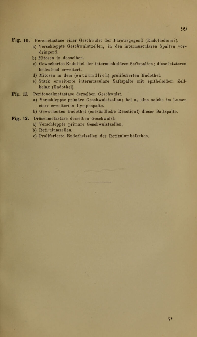 Fig. 10. Herzmetastase einer Geschwulst der Parotisgegend (Endotheliom?). a) Verschleppte Geschwulstzellen, in den intermusculären Spalten vor- dringend. b) Mitosen in denselben. c) Gewuchertes Endothel der intermuskulären Saftspalten ; diese letzteren bedeutend erweitert. d) Mitosen in dem (entzündlich) proliferierten Endothel. e) Stark erweiterte intermusculäre Saftspalte mit epitheloidem Zell- belag (Endothel). Fig. 11. Peritonealmetastase derselben Geschwulst. a) Verschleppte primäre Geschwulstzellen; bei aj eine solche im Lumen einer erweiterten Lymphspalte. b) Gewuchertes Endothel (entzündliche Eeaction!) dieser Saftspalte. Fig. 12. Driisenmetastase derselben Geschwulst. a) Verschleppte primäre Geschwulstzelleu. b) Reti'ulumzelleu. c) Proliferierte Endothelzellen der Reticulumbälkrhen. 7*