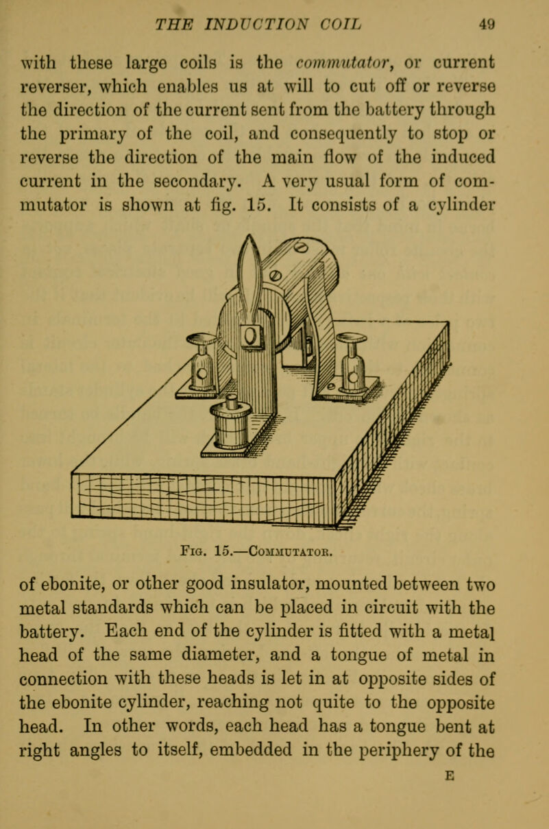 with these large coils is the commutator^ or current reverser, which enables us at will to cut off or reverse the direction of the current sent from the battery through the primary of the coil, and consequently to stop or reverse the direction of the main flow of the induced current in the secondary. A very usual form of com- mutator is shown at fig. 15. It consists of a cylinder Fig. 15.—Commutator. of ebonite, or other good insulator, mounted between two metal standards which can be placed in circuit with the battery. Each end of the cylinder is fitted with a metal head of the same diameter, and a tongue of metal in connection with these heads is let in at opposite sides of the ebonite cylinder, reaching not quite to the opposite head. In other words, each head has a tongue bent at right angles to itself, embedded in the periphery of the E