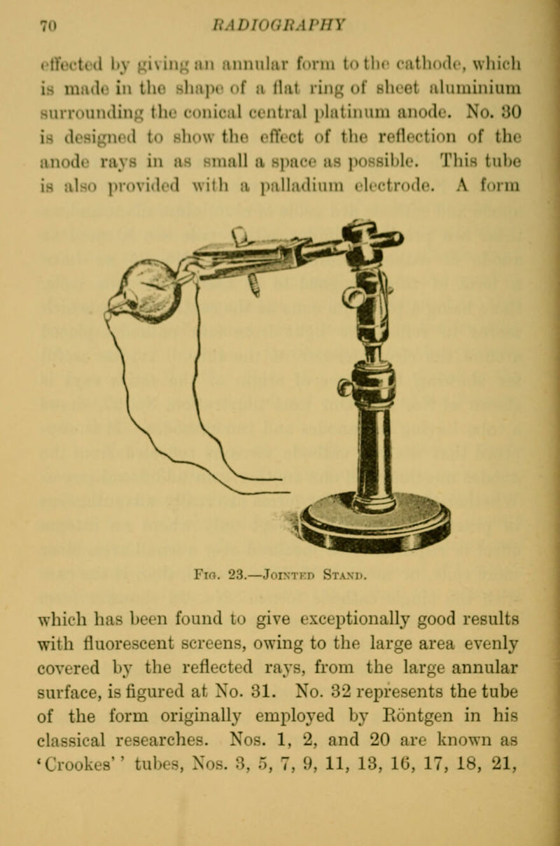 offccted l>y givinj^an annular form to the cathode, which is made in the sliape of a llat ring of sheet ahnniniuni surroundin^j; the conical central i»latinuni anode. No. iiO is designed to Hhow the efTect of the reflection of the anode rays in as small a space as possihle. This tuhe is also ])rovided with a palladium electrode. A form Firt. 23.—JorNTFD Stam> which has heen found to give exceptionally good results with fluorescent screens, owing to the large area evenly covered by the reflected rays, from the large annular surface, is figured at No. 31. No. 32 represents the tube of the form originally employed bj- Rontgen in his classical researches. Nos. 1, 2, and 20 are known as «Crookes'' tubes, Nos. 3, 5, 7, 9, 11, 13, 16, 17, 18, 21,