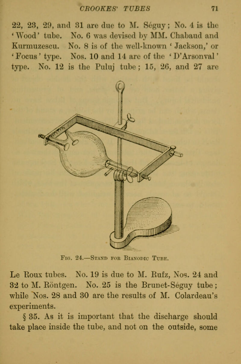 22, 23, 29, and 81 are due to M. Se^niy; No. 1 is the * Wood' tube. No. 6 was devised by MM. Chaband and Kurmuzescu. No. 8 is of the well-known ' Jackson,' or ' Focus' type. Nos. 10 and 14 are of the ' D'Arsonval' type. No. 12 is the Puluj tube ; 15, 26, and 27 are Fio. 24.—Stand for Bianodic Tube. Le Eoux tubes. No. 19 is due to M. Rufz, Nos. 24 and 32 to M. Rontgen. No. 25 is the Brunet-Seguy tube; while Nos. 28 and 30 are the results of M. Colardeau's experiments. § 35. As it is important that the discharge should take place mside the tube, and not on the outside, some