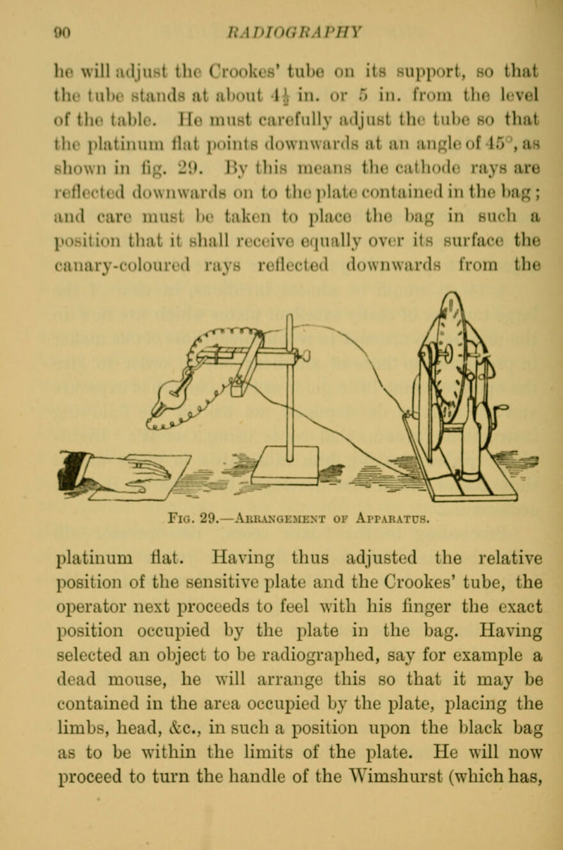 he will adjust the Crookes' tube on its support, so that the tul)t' staiuls at about 4h in. or 5 in. from the level of the table. II(> must carefully adjust the tube so that the platinum Ibit points downwards at an aiiKleof 45^, as shown in li«;. 2\). ]W this means the cat bode rays are refbH'ted downwards on to the plate contained in the bag ; and care nnist be taken to place the bag in such a position that it shall rec(;ive erpially over its surface the canary-coloured rays rellected downwards fr(^m the Fig. 29.—Aiiuangement of ArpARAXus. platinum flat. Having thus adjusted the relative position of the sensitive plate and the Crookes' tube, the operator next proceeds to feel with his flnger the exact position occupied by the plate in the bag. Having selected an object to be radiographed, say for example a dead mouse, he will arrange this so that it may be contained in the area occupied by the plate, placing the limbs, head, &c., in such a position upon the black bag as to be within the limits of the plate. He will now proceed to turn the handle of the Wimshurst (which has.