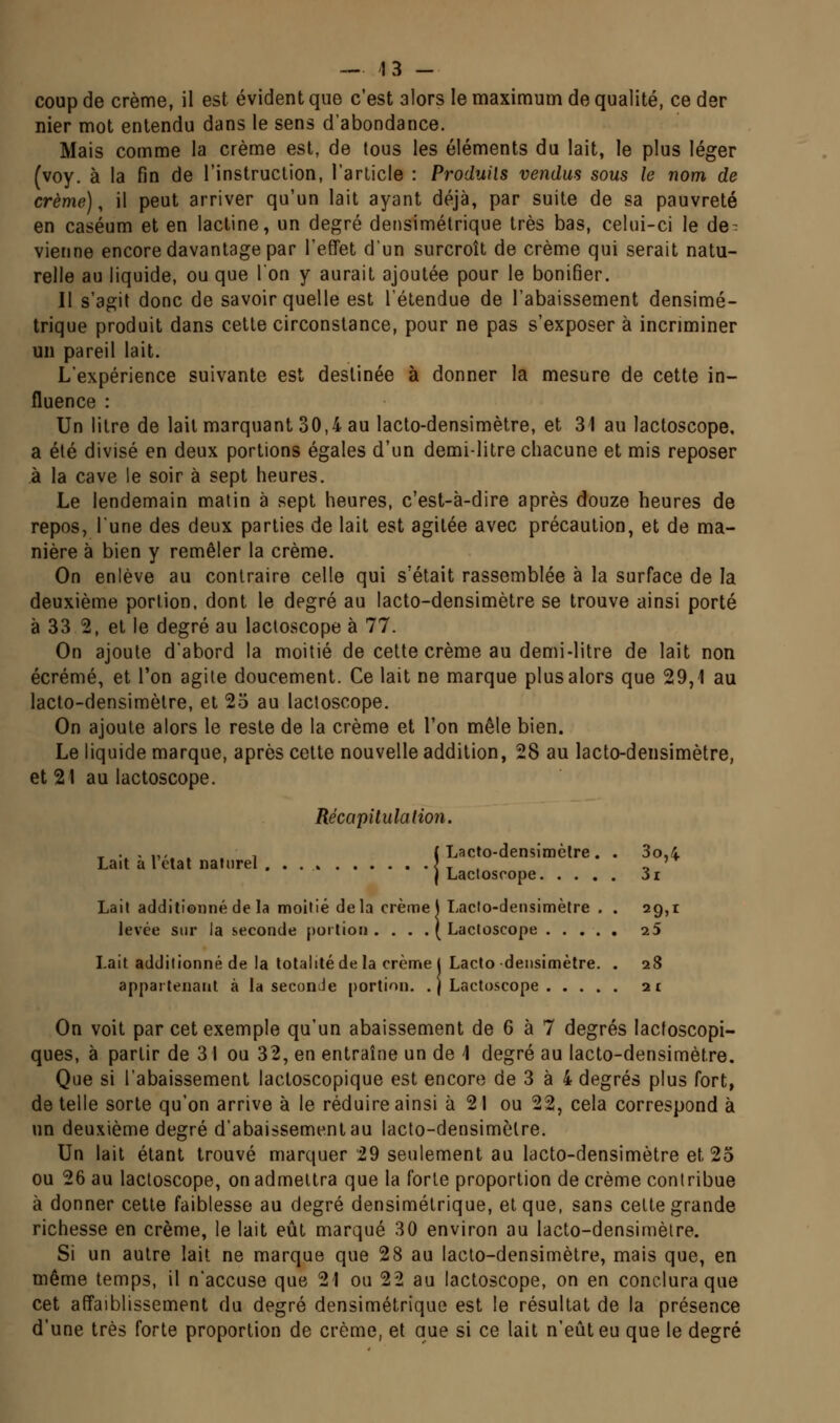 coup de crème, il est évident que c'est alors le maximum de qualité, ce der nier mot entendu dans le sens d'abondance. Mais comme la crème est, de tous les éléments du lait, le plus léger (voy. à la fin de l'instruction, l'arlicle : Produils vendus sous le nom de crème), il peut arriver qu'un lait ayant déjà, par suite de sa pauvreté en caséum et en lactine, un degré densimélrique très bas, celui-ci le de- vienne encore davantage par l'effet d'un surcroît de crème qui serait natu- relle au liquide, ou que l'on y aurait ajoutée pour le bonifier. Il s'agit donc de savoir quelle est l'étendue de l'abaissement densimé- lrique produit dans cette circonstance, pour ne pas s'exposer à incriminer un pareil lait. L'expérience suivante est destinée à donner la mesure de cette in- fluence : Un litre de lait marquant 30,4 au lacto-densimètre, et 31 au lactoscope, a été divisé en deux portions égales d'un demi-litre chacune et mis reposer à la cave le soir à sept heures. Le lendemain matin à sept heures, c'est-à-dire après douze heures de repos, lune des deux parties de lait est agitée avec précaution, et de ma- nière à bien y remêler la crème. On enlève au contraire celle qui s'était rassemblée à la surface de la deuxième portion, dont le degré au lacto-densimètre se trouve ainsi porté à 33 2, et le degré au lactoscope à 77. On ajoute d'abord la moitié de celte crème au demi-litre de lait non écrémé, et l'on agite doucement. Ce lait ne marque plus alors que 29,1 au lacto-densimètre, et 25 au lactoscope. On ajoute alors le reste de la crème et l'on mêle bien. Le liquide marque, après celte nouvelle addition, 28 au lacto-densimèlre, et 21 au lactoscope. Récapitulation. .,.,„,. , (Lacto-densimèlre. . 3o,4 Lait a 1 clat naturel <t . -> I Lactoscope 3i Lait additionné de la moitié delà crème | Lacto-densimètre . . 29,1 levée sur la seconde portion. . . .(Lactoscope 25 Lait additionné de la totalité de la crème i Lacto deiisimèlre. . 28 appartenant à la secunJe portion. .(Lactoscope 21 On voit par cet exemple qu'un abaissement de 6 à 7 degrés lacloscopi- ques, à partir de 31 ou 32, en entraîne un de 1 degré au lacto-densimètre. Que si l'abaissement lactoscopique est encore de 3 à 4 degrés plus fort, dételle sorte qu'on arrive à le réduire ainsi à 21 ou 22, cela correspond à un deuxième degré d'abaissement au lacto-densimèlre. Un lait étant trouvé marquer 29 seulement au lacto-densimètre et 25 ou 26 au lactoscope, on admettra que la forte proportion de crème contribue à donner cette faiblesse au degré densimélrique, et que, sans celte grande richesse en crème, le lait eût marqué 30 environ au lacto-densimèlre. Si un autre lait ne marque que 28 au lacto-densimètre, mais que, en même temps, il n'accuse que 21 ou 22 au lactoscope, on en conclura que cet affaiblisseuîent du degré densimélrique est le résultat de la présence d'une très forte proportion de crème, et que si ce lait n'eût eu que le degré