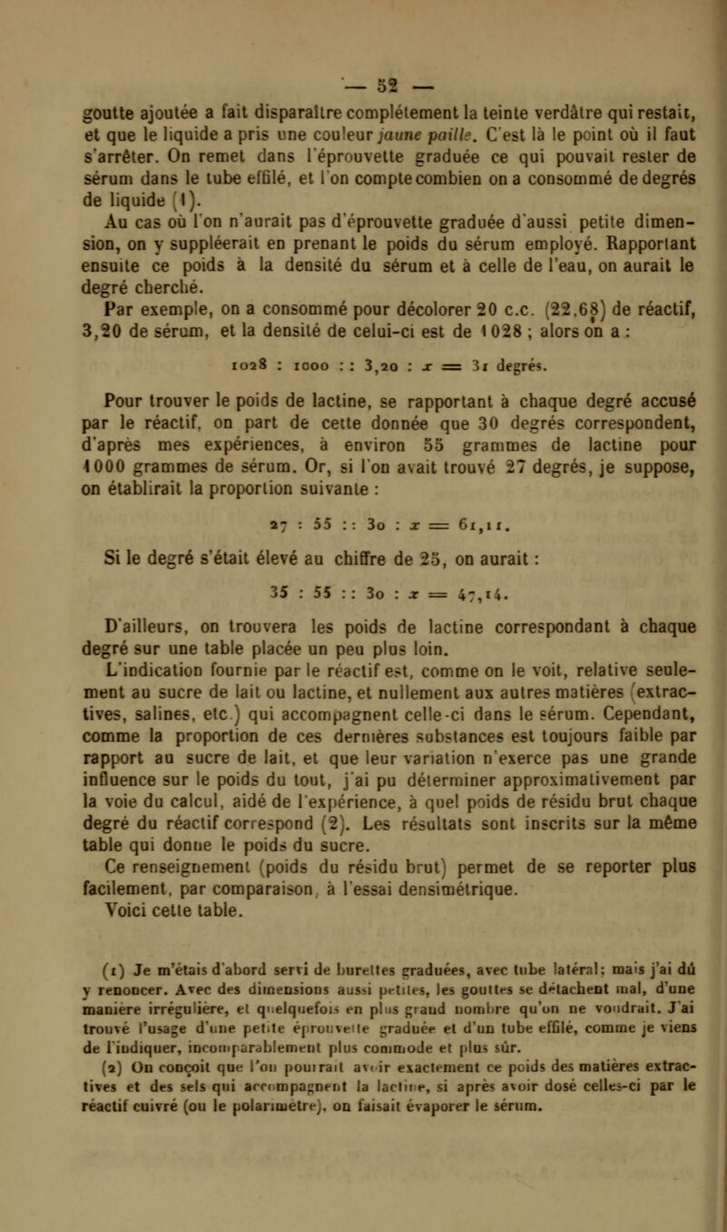 goutte ajoutée a fait disparaître complètement la teinte verdâtre qui restait, et que le liquide a pris une couleur jaune paille. Cest là le point où il faut s'arrêter. On remet dans l'éprouvelte graduée ce qui pouvait rester de sérum dans le tube effilé, et Ion compte combien on a consommé de degrés de liquide (1). Au cas où l'on n'aurait pas d'eprouvette graduée d'aussi petite dimen- sion, on y suppléerait en prenant le poids du sérum employé. Rapportant ensuite ce poids à la densité du sérum et à celle de l'eau, on aurait le degré cherché. Par exemple, on a consommé pour décolorer 20 ce. (22,68) de réactif, 3,20 de sérum, et la densité de celui-ci est de 1 028 ; alors on a : 1028 : 1000 : : 3,20 : j: = 3x degrés. Pour trouver le poids de lactine, se rapportant à chaque degré accusé par le réactif, on part de cette donnée que 30 degrés correspondent, d'après mes expériences, à environ 55 grammes de lactine pour 4 000 grammes de sérum. Or, si l'on avait trouvé 27 degrés, je suppose, on établirait la proportion suivante : 27 : 55 :: 3o ; x = 6r,ii. Si le degré s'était élevé au chiffre de 25, on aurait : 35 : 55 :: 3o : :r = 4:,i4. D'ailleurs, on trouvera les poids de lactine correspondant à chaque degré sur une table placée un peu plus loin. L'indication fournie par le réactif est, comme on le voit, relative seule- ment au sucre de lait ou lactine, et nullement aux autres matières Textrac- tives, salines, etc.) qui accompagnent celle-ci dans le sérum. Cependant, comme la proportion de ces dernières substances est toujours faible par rapport au sucre de lait, et que leur variation n'exerce pas une grande influence sur le poids du tout, j'ai pu déterminer approximativement par la voie du calcul, aidé de l'expérience, à quel poids de résidu brut chaque degré du réactif correspond (2). Les résultats sont inscrits sur la même table qui donne le poids du sucre. Ce renseignement (poids du résidu brut) permet de se reporter plus facilement, par comparaison, à l'essai densimélrique. Voici celle table. (i) Je m'étais d'abord servi de burettes graduées, avec tube latéral: mais j'ai dû y renoDcer. Avec des diineusions aussi petites, les gouttes se délacheot mal, d'une manière irrégulière, el quelquefois en plus graud nombre qu'on ne voudrait. Jai trouvé l'usage d'une petite éprouveite graduée et d'un tube effilé, comme je viens de liudiquer, incomparablement plus coaioiode et plus sûr. (2) On conçoit que l'on pourrait avi ir exactement ce poids des matières extrac- tives et des sels qui acof^mpagnent la laclii:e, si après a\oir dosé celles-ci par le réactif cuivré (ou le polantiietre), on faisait évaporer le sérum.