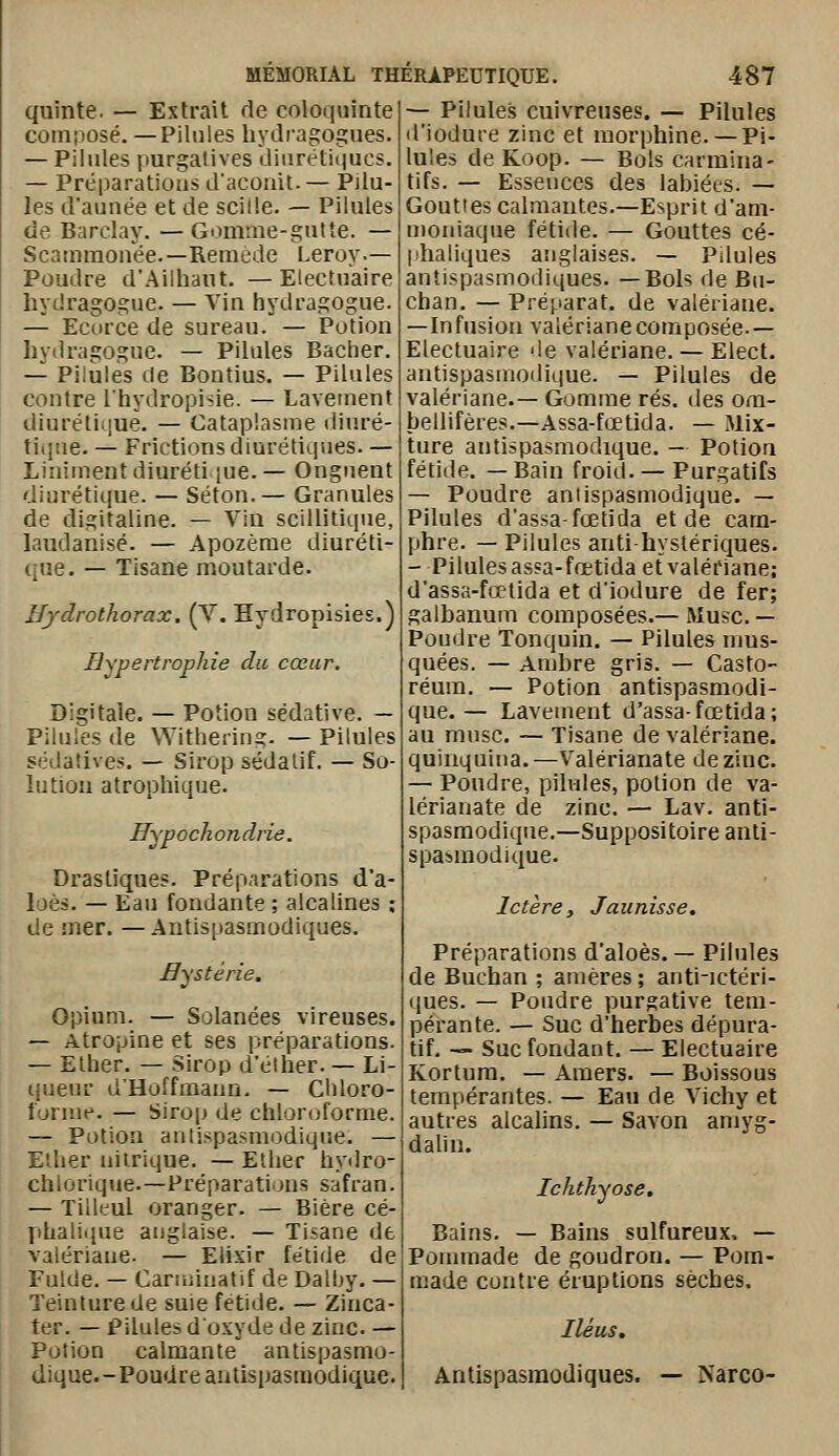 quinte. — Extrait de coloquinte composé. —Pilules hydragogues. — Pilules purgatives diuréti(|ucs. — Préparations d'aconit- — Pilu- les d'aunée et de scille. — Pilules de Barclay. — Gomnie-gutte. — Scanimonée.—Remède Leroy.— Poudre d'Ailhaut. — Electuaire hydragogue. — Vin hydragogue. — Ecorce de sureau. — Potion hydragogue. — Pilules Bâcher. — Pilules de Bontius. — Pilules contre l'hydropisie. — Lavement diurétique. — Cataplasme diuré- tiiliie. — Frictions diurétiques. — Liniment diurétique. — Onguent diurétique. — Séton.— Granules de digitaline. — Viu scillitique, laudanisé. — Apozèrae diuréti- que. — Tisane moutarde. Hydrothorax. (V. Hydropisies.) Hypertrophie du cœur. Digitale. — Potion sédative. — Pilules de Withering. — Pilules sédatives. — Sirop sédatif. — So- lution atropliique. Hypochondrie. Drastiques. Préparations d'a- loès. — Eau fondante ; alcalines : de mer. — Antis[)asmodiques. Hystérie. Opium. — Solanées vireuses. — Atropine et ses préparations. — Ether. — .Sirop d'élher. — Li- queur d'Hoffmann. — Chloro- forme. — Sirop de chloroforme. — Potion antispasmodique. — Ether nitrique. — Ether hydro- chlorique.—Préparations safran. — Tilleul oranger. — Bière cé- phalique anglaise. — Tisane de valériane. — Elixir fétide de Fulde. — Cariiiinatif de Dalhy. — Teinture de suie fétide. — Zinca- ter. — Pilules d'oxyde de zinc. — Potion calmante antispasmo- dique.-Poudre antispasmodique. — Pilule.s cuivreuses. — Pilules d'iodure zinc et morphine. —Pi- lules deKoop. — Bols carmina- tifs. — Essences des labiées. — Gouttes calmantes.—Esprit d'am- moniaque fétide. — Gouttes cé- phaliques anglaises. — Pilules antispasmodiques. —Bols de Bu- chan. — Préparât, de valériane. —Infusion valériane composée.— Electuaire de valériane. — Elect. antispasmodique. — Pilules de valériane.— Gomme rés. des oni- bellifères.—Assa-fœtida. — Mix- ture antispasmodique. - Potion fétide. —Bain froid. — Purgatifs — Poudre antispasmodique. — Pilules d'assa-fœtida et de cam- phre. — Pilules anti hystériques. — Pilules assa-fœtida et valériane; d'assa-fœtida et d'iodure de fer; galbanum composées.— Musc. — Poudre Tonquin. — Pilules mus- quées. — Ambre gris. — Casto- réum. — Potion antispasmodi- que. — Lavement d'assa-fœtida; au musc. ~ Tisane de valériane, quinquina.—V^alérianate de zinc. — Pondre, pilules, potion de va- lérianate de zinc. — Lav. anti- spasmodique.—Suppositoire anti- spasmodique. Ictère, Jaunisse, Préparations d'aloès. — Pilules de Buchan ; amères; anti-ictéri- ques. — Poudre purgative tem- pérante. — Suc d'herbes dépura- tif. — Suc fondant. — Electuaire Kortura. — Amers. — Boissous tempérantes. — Eau de Vichy et autres alcalins. — Savon amyg- dalin. Ichthyose, Bains. — Bains sulfureux, — Pommade de goudron. — Pom- made contre éruptions sèches. Iléus. Antispasmodiques. Narco-
