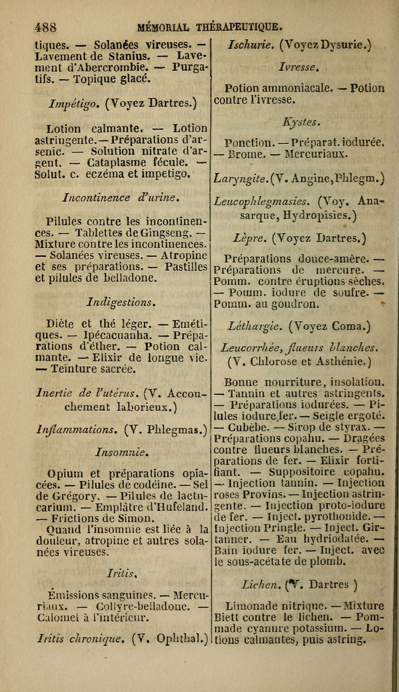 tiques. — Solanées vireuses. — Lavement de Stanius. — Lave- ment d'Abercrombie. — Purga- tifs. — Topique glacé. Impétigo, (Voyez Dartres.) Lotion calmante. — Lotion astringente.—Préparations d'ar- senic — Solution nitrate d'ar- gent. — Cataplasme fécule. '- Solut. c. eczéma et impétigo. Incontinence d'urine. Pilules contre les incontinen- ces. — Tablettes deGingseng. — Mixture contre les incontinences. — SoJanées vireuses. — Atropine et ses préparations. — Pastilles et pilules de belladone. Indigestions. Diète et thé léger. — Eméti- ques. — Ipécacuanha. — Prépa- rations d'éther. — Potion cal- mante. — Elixir de longue vie. ~ Teinture sacrée. Inertie de l'utérus. (V. Accou- chement laLorieus.) Inflammations. (V. Phlegmas.) Insomnie, Opium et préparations opia- cées. — Pilules de codéine. — Sel de Grégory. —Pilules de lactn- carium. —Emplâtre d'Hufeland. — Frictions de Simon. Quand l'insomnie est liée à la douleur, atropine et autres sola- nées vireuses. Iritis. Émissions sanguines. — Mercu- ri.mx. — Collyre-belladone. — Calomel à l'iaténcur. Iritis chronique, (V. Ophthal.) Ischurie. (Voyez Dysurie.) Ivresse, Potion ammoniacale. — Potion contre l'ivresse. Kjstes. Ponction. —Préparât, iodurée. — Brome. — Bîercuriaux. Laryngite. (V. Angine,Phlegm.) Leacophleg?nasies. (Voy. Ana-- sarque, Hydropisics.) Lèpre. (Voyez Dartres.) Préparations douce-amère. — Préparations de mercure. — Pomm. contre éruptions sèches, — Pomm. iodure de soufre. — Pomm. au goudron. Léthargie. (Voyez Coma.) Leucorrhée, Jîueurs Manches. (V. Chlorose et Asthénie.) Bonne nourriture, insolation. — Tannin et autres astringents. — Préparations iodurées, — Pi- lules iodure.fer. —Seigle ergoté. — Cubèbe. — Sirop de styrax. — Préparations copahu. — Dragées contre tlueurs blanches. — Pré- parations de fer. — Ehxir forti- fiant. — Suppositoire copahu. —- Injection tannin. — Injection roses Provins. — Injection astrin- gente. — Injection proto-iodure de fer. — Inject. pyrothonide.— Injection Pringle. — Inject. Gir- tanner. — Eau hydriodatée. — Bain iodure fer. — Inject. avec le sous-acétate de plomb. Lichen. (V. Dartres ) Limonade nitrique. —Mixture Biett contre le lichen. — Pom- made cyanure potassium. — Lo- tions calmantes, puis astring.