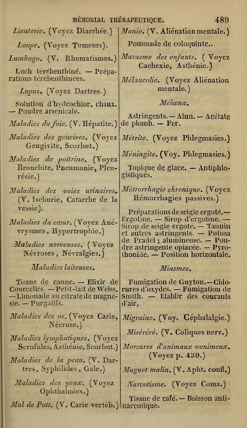 Lienterie, (Voyez Diarrhée.) Loupe. (Voyez Tumeurs). Liwihago. (V. Pihuraatismes.) Loch térébenthine. — Prépa- rations térébenlhinées. Lupus. (Voyez Dartres.) f^olution d'hydrochlor» chaux. — Poudre arsenicale. Maladies du foie. (V. Hépatite.) Maladies des gencives, (Voyez Gengivite, Scorbut.) 3Ialadies de poitrine. (Voyez Bronchite, Pneumonie, Pleu- résie,) 3Jaladies des njoies unnaires, (V. Ischurie, Catarrhe de la vessie). Maladies du cœur. (Voyez Ané- vrysmes, Hypertrophie.) 31aladies nerveuses. ( Voyez Kévroses, Névralgies.) Maladiss laiteuses. Tisane de canne. — Elixir de Courcellcs. —Petit-lait de Weiss. —Limonade au citrate de magné- sie—Purgatifs. Maladies des os. (Voyez Carie, Nécrose.) Maladies lymphatiques. (Voyez Scrofules, Asthénie, Scorbut.) Maladies de la peau. (V. Dar- tres, Syphilidcs, Gale.) Maladies des yeux. (Voyez Ophthalmies.) Mal de Fott, (V. Carie vertèb.) Manie. (V. Aliénation mentale. ) Pommade de coloquinte.. Marasme des enjants. ( Voyez Cachexie, Asthénie.) Mélancolie. (Voyez Aliénation mentale.) Mélœna. Astringents.—Alun. — Acétate de plomb. — Fer. Métrite. (Voyez Phlegmasies.) Méningite. (Voy. Phlegmasies.) Topique de glace. — Antiphlo- gistiques. 3Iétrorrliagie chronique. (Voyez Hémorrhagies passives.) Préparations de seigle ergoté.— Ergotine. — Sirop d'ergotine. — Sii-bp de seigle ergoté. — Tannin et autres astringents. — Potion de Fradel ; alumineuse. — Pou- dre astringente opiacée. — Pyro- ihonide. — Position horizontale. Miasmes, Fumigation de Guyton.—Chlo- rures d'oxydes. — Fumigation de Smith. — Etablir des courants d'air, Migraine. (Voy. Céphalalgie.) Miserere. (V, Coliques nerv.) Morsures d!animaux 'venimeux. (Voyez p. 4o9.) Muguet malin. (V. Apht. confl.) ISarcotisme. (Voyez Coma.) Tisane de café. — Boisson anti- narcotique.