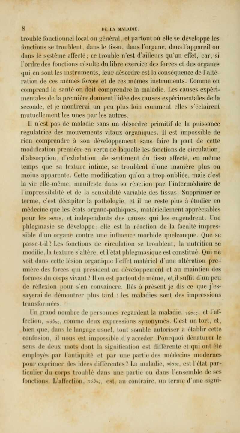 trouble ronclioimel local ou liéuéral. et partout où elle se développe les londious se trouhloul. daus le tissu, daus l'oi'gaue, dansra|)pareil ou dans le système affecté; ce trouble n'est d'ailleurs qu'un effet, car, si l'ordre des l'ouctions résulte du libre exercice des forces et des organes qui en sont les iustrumeuts, leur désordre est la conséquence de l'alté- ration de ces mêmes forces et de ces mêmes instruments. Counne on conq)reud la santé on doit comprendre la maladie, l.es causes ex|)éri- mentales île la première donnentl idée des causes expérimentales de la seconde, et je montrerai un peu plus loin connneut elles s'éclairent mutuellement les unes par les autres. 11 n'est pas de maladie sans un désordre })rimitif de la puissance régulatrice des mouvements vitaux organiques, il est inq)ossible de rien comprendre à son développement sans fair(^ la |>art de celte modilication première en vertu de laquelle les fonctions de circulation, d'absorption, d'exhalation, de sentiment du tissu affecté, en même temps (pie sa texture intime, se troublent dune manière plus ou moins apjiareide. (lelte modilication qu'on a trop oubliée, mais c'est la vie elle-même, manifeste daus sa réaction par l'intermédiaire de l'iiupres^ibililé cl de lu st'iisibililé variable des tissus. Supj)rimer ce terme, c'est décapiter la pathologie, et il ne reste plus à étudier en médecine (pie les états organo-pathicpK's, matérielleinent appréciables pour les sens, et indépendants des causes qui les engendrent, l ne pldegmasie se développe; elle est la réaction de la faculté iuipi(^s- sible d un (ugane contre une inllncncc morbide quelcoinpie. One se passe-t-il .' Les fonctions de circulation .se troublent, la nutrition se modihr. I.i lt'\lni«' s'nHéiv. cl l'état phlcg!uasi(|ue est constitué. Oui ne voit dans celle icMiin (»r;:ani(jiic relTcl matériel d'une altération pre- mière des foires (pii piésideiil :in (lévelo|»pcinenl el au mainlien des formes du corps vi\;nil .' Il en est pinlonl de même, (ît.il sullit d nn peu de réllexiftn pcuir sVn cnn\aincre. Dés à présent je dis c(» que j es- sayerai (le (léuKMdrer plus lard : les maladies sont des impressions tianslbrmé(»s. In grand nombre de |iersnnnes regardenl la maladie, vot'.:, et 1 af- fection, rrâOo;, Connue deux expressions svnonymes. (iCsl ini lorl. et, bien (pic (l;nis le bin^ai^e usue!. tout smiible antoristM' à établir cette COld'iisiiHi. il nous e^l impossible d v accrder. Pnn;(|noi dcnalurer le sens de deux mots donl la si^'iiilicalidii cs| dillcrcnlc cl (pii ont été em|»h)yés pai- 1 anti(|ni|c cl j»ai une pailic des médecins modernes pour exprimer des idées dilTcrcntcs.' La maladie, voto;, est l'état par- ticulier du corps Irnnblc dan^ niic pailic on dans rensemble de ses fonctions. L'alleclinn, --/Oc;. csL an conlianc nn Icrnie d'une si<:m-