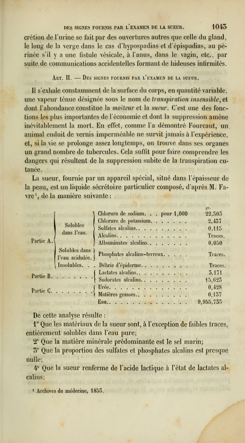 crétion de l'urine se fait par des ouvertures autres que celle du gland, le long de la verge dans le cas d'hypospadias et d'épispadias, au pé- rinée s'il y a une fistule vésicale, à l'anus, dans le vagin, etc., par suite de communications accidentelles formant de hideuses infirmités. Art. II. — Des signes fournis par l'examen de la sueur. Il s'exhale constamment de la surface du corps, en quantité variable, une vapeur ténue désignée sous le nom de transpiration insensible, et dont l'abondance constitue la moiteur et la sueur. C'est une des fonc- tions les plus importantes de l'économie et dont la suppression amène inévitablement la mort. En effet, comme l'a démontré Fourcaut, un. animal enduit de vernis imperméable ne survit jamais à l'expérience, et, si la vie se prolonge assez longtemps, on trouve dans ses organes un grand nombre de tubercules. Cela suffit pour faire comprendre les dangers qui résultent de la suppression subite de la transpiration cu- tanée. La sueur, fournie par un appareil spécial, situé dans l'épaisseur de la peau, est un liquide sécrétoire particulier composé, d'après M. Fa- vreS de la manière suivante : Partie A. Solubles dans l'eau. Solubles dans l'eau acidulée. Insolubles. . Chlorure de sodium. . . pour 1,000 Chlorure de potassium Sulfates alcalins Alcalins Albuminates alcalins Phosphates alcalino-terreux Partie B, Partie C. Débris d'épiderme. Lactates alcalins.. Sudorates alcalins. Urée Matières grasses. Eau. 22,305 2,457 0,115 Traces. 0,050 Traces. Traces. 5,171 15,623 0,428 0,157 9,955,735 De cette analyse résulte : l** Que les matériaux de la sueur sont, à l'exception de faibles traces, entièrement solubles dans l'eau pure; 2*^ Que la matière minérale prédominante est le sel marin; 5** Que la proportion des sulfates et phosphates alcalins est presque nulle; 4* Que la sueur renferme de l'acide lactique à l'état de lactates al- calins; Archives de médecine, 1853.