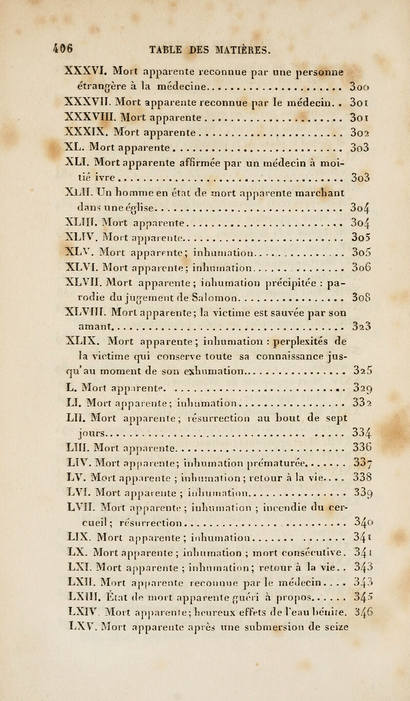XXXVI. Mort apparente reconnue par une personne étrangère à la médecine 3oo XXXVII. Mort apparente reconnue par le médecin. . 3oi XXXVIII. Mort apparente 3o i XXXIX. Mort apparente 3o2 XL. Mort apparente 3o3 XLI. Mort apparente affirmée par un médecin à moi- tié ivre 3o3 XJLII. Un homme en état de mort apparente marchant dans une église 3o4 XLîII. Mort apparente 3o4 XLÎV. Moi t apparente 3o5 XLV. Mort apparente; inhumation 3o5 XLVI. Mort appaicnle; inhumation. 3o6 XL VU. Mort apparente; inhumation précipitée : pa- rodie du jug-ement de Salomon 3o8 XLVIII. Mort apparente ; la victime est sauvée par son amant 3^3 XLIX. Mort apparente ; inhumation : perplexités de la victime qui conserve toute sa connaissance jus- qu'au moment de son exhumation 3x5 L. Mort app irentf^ 32C) Lï. Mort apparente; inliumation 332 Llï. Mort apparente; résurrection au hout de sept jours 334 LUI, Mort apparente 336 LIV. Mort apfiarente; inhumation prématurée 337 LV. Mort app.Trente ; inhumation; retour à la vie.. . . 338 LVÎ. Mort apparente ; inhuuintion 339 LVIÎ. Mort apparente; inhumation ; incendie du cer- cueil ; résurrection 34û> LIX. Mort a[>p:a'ente ; inhumation 34 î LX. Mort apparente ; inhumation ; mort consécutive. 34 i LXï. Mort apparente ; inhumation; retour à la vie. . 343 LXII. Mort apparente reconnue par le méJecin. . . . 343 LXîlI, Etat (le Jîiort apparente .{|uéri à propos 34-^ LXIV. Mort apparente; heureux effets de l'eau hénite. 'S/16 LXV. JMort apparente après une submersion de seize i