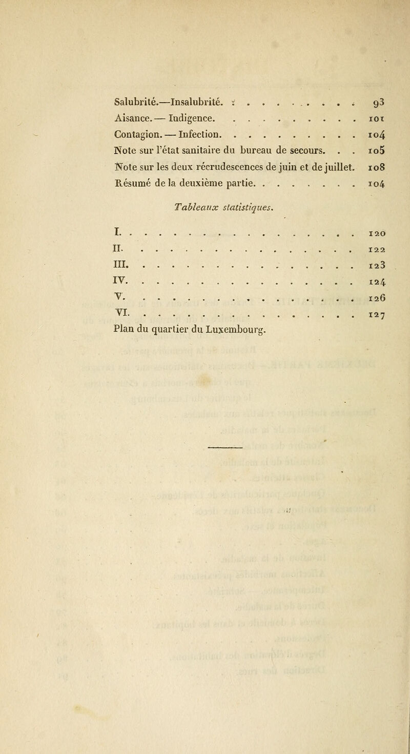 Salubrité.—Insalubrité, i ........ ^ gS Aisance.— Indigence lot Contagion. — Infection io4 Note sur l'état sanitaire du bureau de secours. . . io5 [Note sur les deux recrudescences de juin et de juillet. io8 Résumé de la deuxième partie 104 Tableaux statistiques. 1 120 il. 122 III 123 IV 124 V . 126 VI. 127 Plan du quartier du Luxembourg.