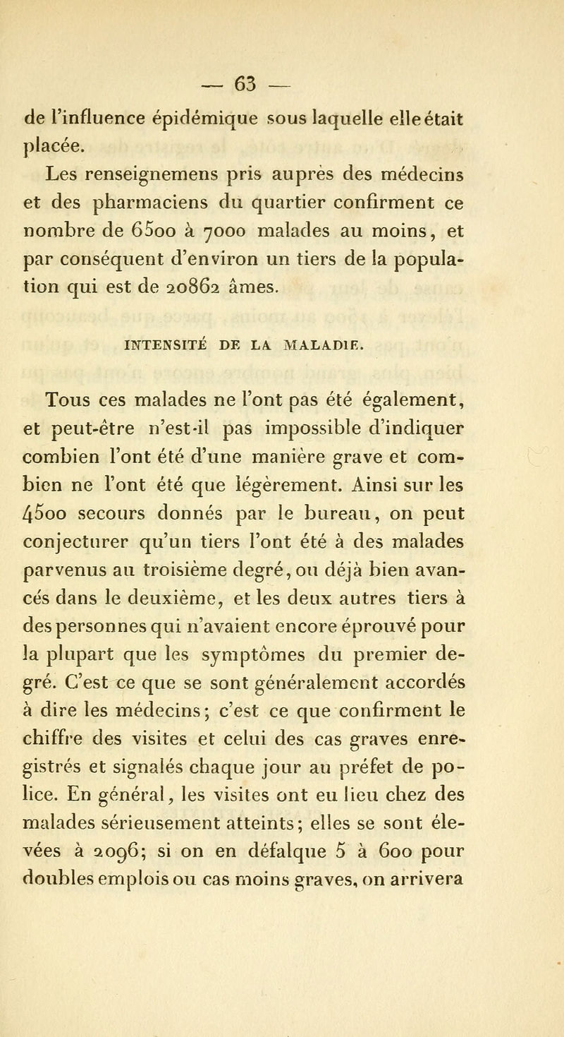 de l'influence épidémique sous laquelle elle était placée. Les renseignemens pris auprès des médecins et des pharmaciens du quartier confirment ce nombre de 65oo à 7000 malades au moins, et par conséquent d'environ un tiers de la popula- tion qui est de 20862 âmes. INTENSITÉ DE LA. MALADIE. Tous ces malades ne l'ont pas été également, et peut-être n'est-il pas impossible d'indiquer combien l'ont été d'une manière grave et com- bien ne l'ont été que légèrement. Ainsi sur les 45oo secours donnés par le bureau, on peut conjecturer qu'un tiers l'ont été à des malades parvenus au troisième degré, ou déjà bien avan- ces dans le deuxième, et les deux autres tiers à des personnes qui n'avaient encore éprouvé pour la plupart que les symptômes du premier de- gré. C'est ce que se sont généralement accordés à dire les médecins; c'est ce que confirment le chiffre des visites et celui des cas graves enre* gistrés et signalés chaque jour au préfet de po- lice. En général, les visites ont eu lieu chez des malades sérieusement atteints ; elles se sont éle- vées à 2096; si on en défalque 5 à 600 pour doubles emplois ou cas moins graves, on arrivera