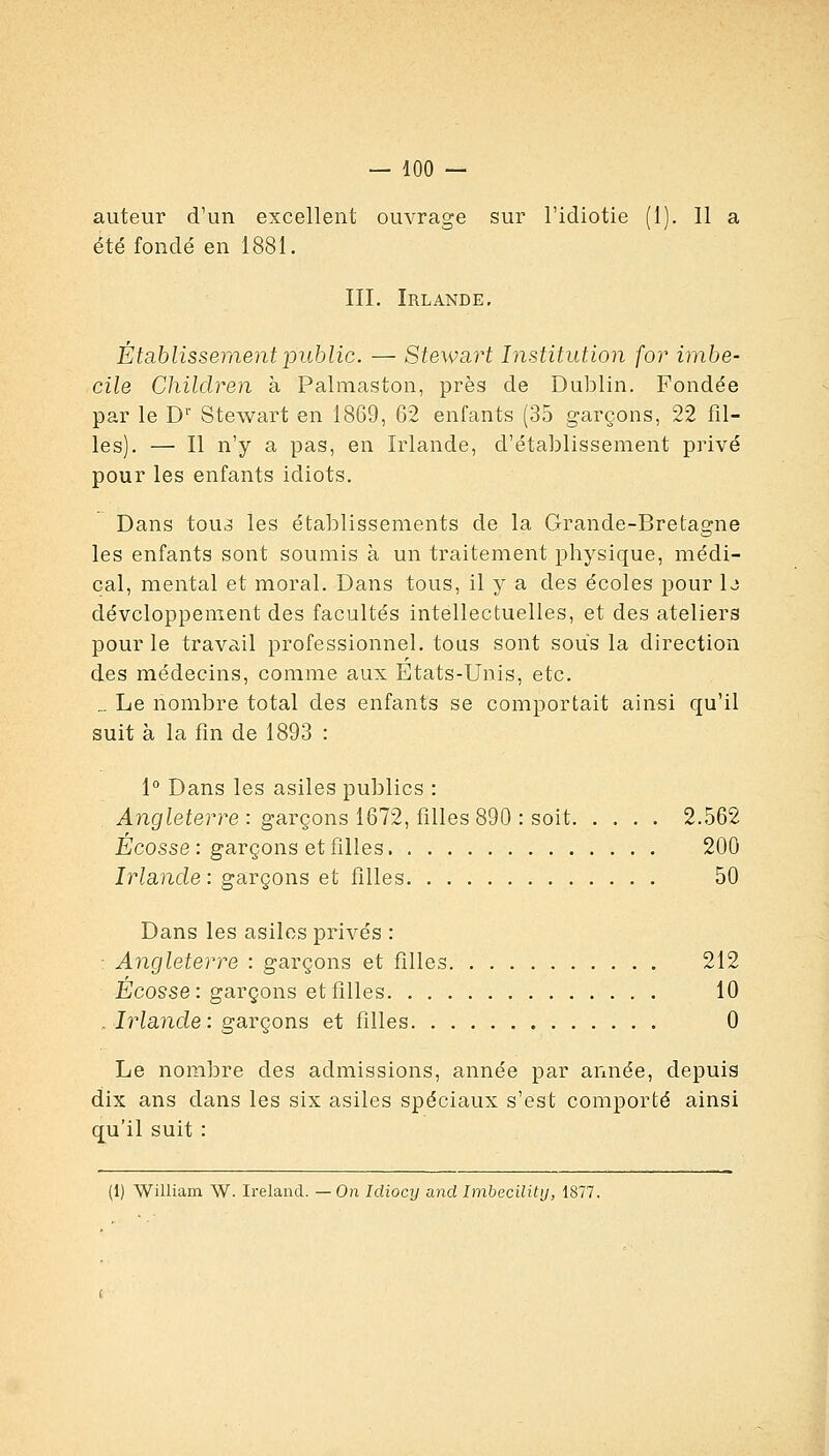 auteur d'un excellent ouvrage sur l'idiotie (1). Il a été fondé en 1881. III. Irlande, ÉtEiblissement public. — Stewart Institution for imbé- cile Children à Palmaston, près de Dublin. Fondée par le D'' Stewart en 1869, 62 enfants (35 garçons, 22 fil- les). — Il n'y a pas, en Irlande, d'établissement privé pour les enfants idiots. Dans tou3 les établissements de la Grande-Bretagne les enfants sont soumis à un traitement physique, médi- cal, mental et moral. Dans tous, il y a des écoles pour 1j développement des facultés intellectuelles, et des ateliers pour le travail professionnel, tous sont sous la direction des médecins, comme aux Etats-Unis, etc. „ Le nombre total des enfants se comportait ainsi qu'il suit à la fin de 1893 : 1° Dans les asiles publics : AngZeierre : garçons 1672, filles 890 : soit 2.562 Ecosse: garçons et filles 200 Irlande: garçons et filles 50 Dans les asiles privés : : Angleterre : garçons et filles 212 Ecosse: garçons et filles 10 .Irlande: garçons et filles G Le nombre des admissions, année par année, depuis dix ans dans les six asiles spéciaux s'est comporté ainsi qu'il suit : (1) William W. Irelancl. —On Idiocy and Imbecilitij, 1877.