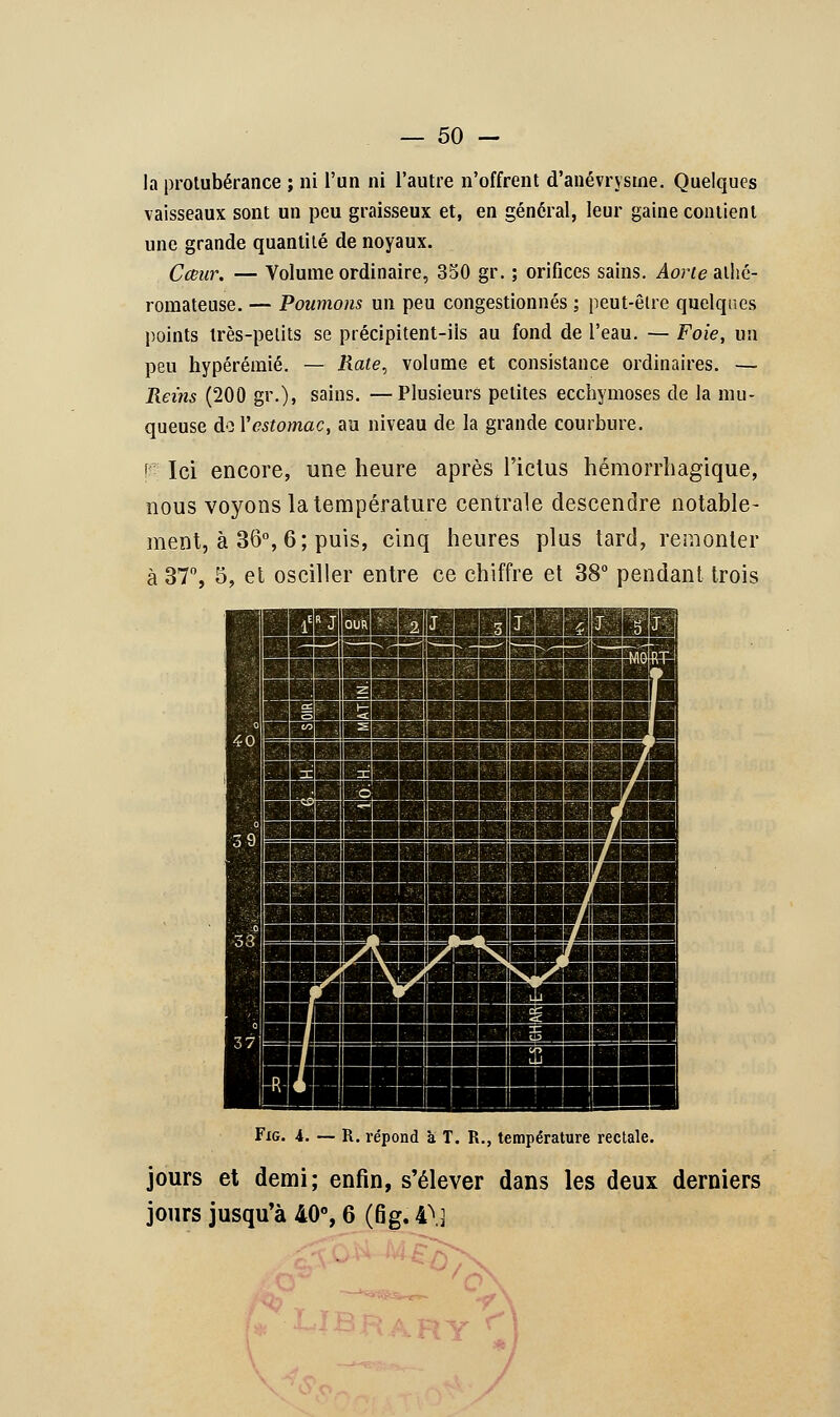 la protubérance ; ni l'un ni l'autre n'offrent d'anévrystne. Quelques vaisseaux sont un peu graisseux et, en général, leur gaine contient une grande quantité de noyaux. Cœur. — Volume ordinaire, 350 gr. ; orifices sains. Aorte athé- romateuse. — Poumons un peu congestionnés ; peut-être quelques points très-petits se précipitent-iis au fond de l'eau. — Foie, un peu hypérémié. — Rate, volume et consistance ordinaires. — Reins (200 gr.), sains. —Plusieurs petites ecchymoses de la mu- queuse àoYcstomac, au niveau de la grande courbure. p. Ici encore, une heure après l'ictus hémorrhagique, nous voyons la température centrale descendre notable- ment, à 36°, 6; puis, cinq heures plus tard, remonter à 37°, 5, et osciller entre ce chiffre et 38° pendant trois HHBB _JMMBL Hiiîlflllli Fxg. 4. — R. répond à T. R., température rectale. jours et demi; enfin, s'élever dans les deux derniers jours jusqu'à 40°, 6 (6g. i\] Y f