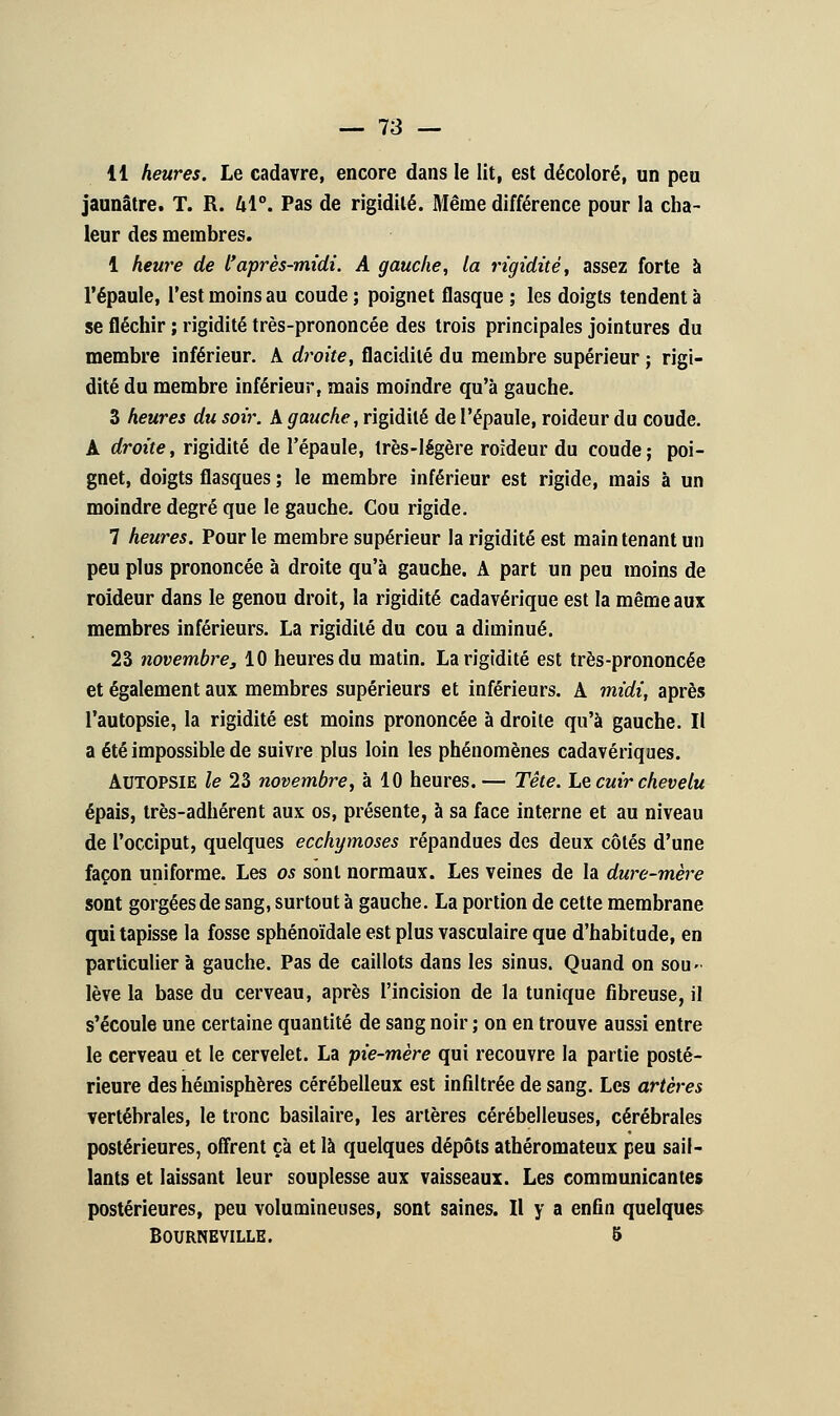 11 heures. Le cadavre, encore dans le lit, est décoloré, un peu jaunâtre. T. R. 41°. Pas de rigidité. Même différence pour la cha- leur des membres. 1 heure de l'après-midi. A gauche, la rigidité, assez forte à l'épaule, l'est moins au coude ; poignet flasque ; les doigts tendent à se fléchir ; rigidité très-prononcée des trois principales jointures du membre inférieur. A droite, flacidilé du membre supérieur ; rigi- dité du membre inférieur, mais moindre qu'à gauche. 3 heures du soir. A gauche, rigidité de l'épaule, roideur du coude. A droite, rigidité de l'épaule, très-légère roideur du coude; poi- gnet, doigts flasques ; le membre inférieur est rigide, mais à un moindre degré que le gauche. Cou rigide. 7 heures. Pour le membre supérieur la rigidité est maintenant un peu plus prononcée à droite qu'à gauche. A part un peu moins de roideur dans le genou droit, la rigidité cadavérique est la même aux membres inférieurs. La rigidité du cou a diminué. 23 novembre, 10 heures du matin. La rigidité est très-prononcée et également aux membres supérieurs et inférieurs. A midi, après l'autopsie, la rigidité est moins prononcée à droite qu'à gauche. Il a été impossible de suivre plus loin les phénomènes cadavériques. AUTOPSIE le 23 novembre, à 10 heures. — Tête. Le cuir chevelu épais, très-adhérent aux os, présente, à sa face interne et au niveau de l'occiput, quelques ecchymoses répandues des deux côtés d'une façon uniforme. Les os sont normaux. Les veines de la dure-mère sont gorgées de sang, surtout à gauche. La portion de cette membrane qui tapisse la fosse sphénoïdale est plus vasculaire que d'habitude, en particulier à gauche. Pas de caillots dans les sinus. Quand on sou- lève la base du cerveau, après l'incision de la tunique fibreuse, il s'écoule une certaine quantité de sang noir ; on en trouve aussi entre le cerveau et le cervelet. La pie-mère qui recouvre la partie posté- rieure des hémisphères cérébelleux est infiltrée de sang. Les artères vertébrales, le tronc basilaire, les artères cérébelleuses, cérébrales postérieures, offrent çà et là quelques dépôts athéromateux peu sail- lants et laissant leur souplesse aux vaisseaux. Les communicantes postérieures, peu volumineuses, sont saines. Il y a enfin quelques BOURNEVILLE. 5