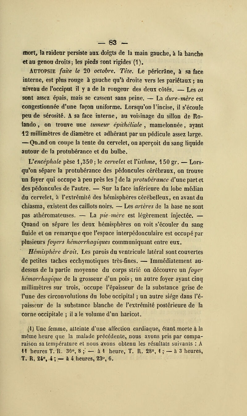 mort, la raideur persiste aux doigts de la main gauche, à la hanche et au genou droits; les pieds sont rigides (1). Autopsie faite le 20 octobre. Tête. Le péricrâne, à sa face interne, est plus rouge à gauche qu'à droite vers les pariétaux ; au niveau de l'occiput il y a de la rougeur des deux côtés. — Les os sont assez épais, mais se cassent sans peine. — La dure-mère est congestionnée d'une façon uniforme. Lorsqu'on l'incise, il s'écoule peu de sérosité. A sa face interne, au voisinage du sillon de Ro- lando, on trouve une tumeur épithéliale , mamelonnée, ayant 12 millimètres de diamètre et adhérant par un pédicule assez large. — Qujndon coupe la tente du cervelet, on aperçoit du sang liquide autour de la protubérance et du bulbe. Uencéphale pèse 1,350 ; le cervelet et Visthme, 150 gr. — Lors- qu'on sépare la protubérance des pédoncules cérébraux, on trouve un foyer qui occupe à peu près les § de la protubérance d'une part et des pédoncules de l'autre. — Sur la face inférieure du lobe médian du cervelet, à l'extrémité des hémisphères cérébelleux, en avant du chiasma, existent des caillots noirs. — Les artères de la base ne sont pas athéromateuses. — La pie mère est légèrement injectée. — Quand on sépare les deux hémisphères on voit s'écouler du sang fluide et on remarque que l'espace interpédonculaire est occupé par plusieurs foyers hèmorrhagiques communiquant entre eux. Hémisphère droit. Les parois du ventricule latéral sont couvertes de petites taches ecchymotiques très-fines. — Immédiatement au- dessus de la partie moyenne du corps strié on découvre un foyer hèmorrhagique de la grosseur d'un pois ; un autre foyer ayant cinq millimètres sur trois, occupe l'épaisseur de la substance grise de l'une des circonvolutions du lobe occipital ; un autre siège dans l'é- paisseur de la substance blanche de l'extrémité postérieure de la corne occipitale ; il a le volume d'un haricot. (1) Une femme, atteinte d'une affection cardiaque, étant morte à la même heure que la malade précédente, nous avons pris par compa- raison sa température et nous avons obtenu les résultats suivants : À 11 heures T. R. 30°, 8 ; — à 1 heure, T. R. 28°, 1 ; — à 3 heures, T. R, 24°, 4 ; — à 4 heures, 23°, 6.