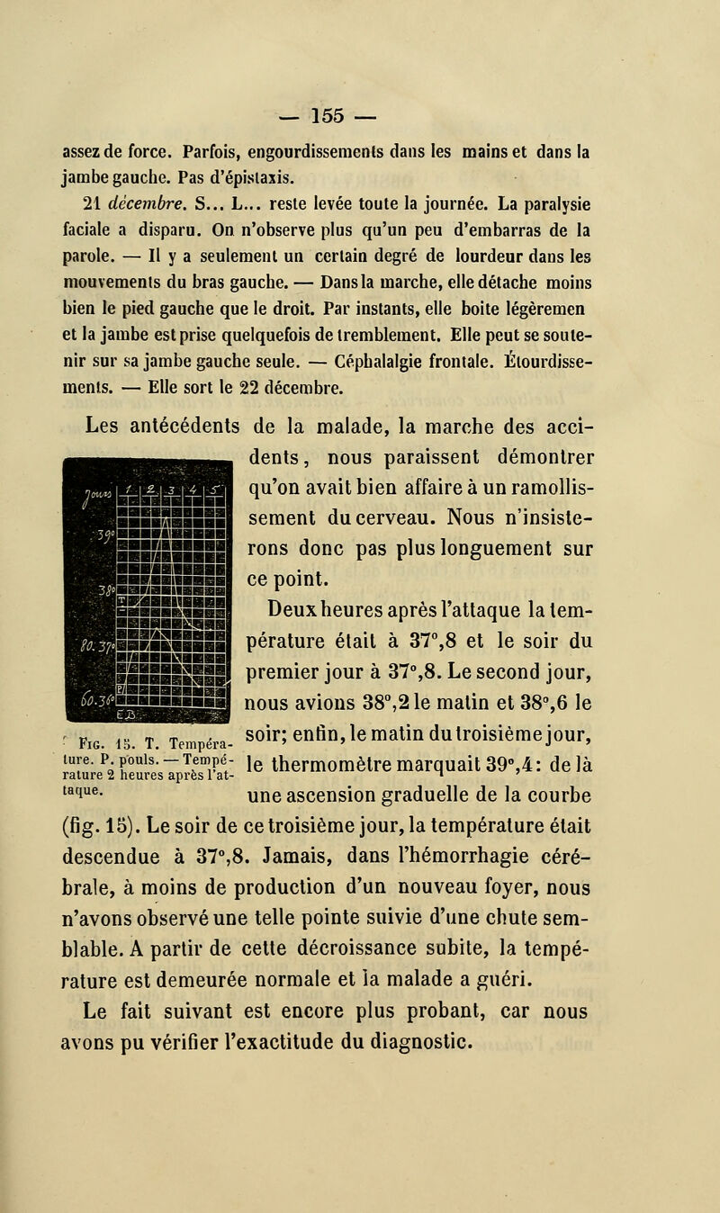 assez de force. Parfois, engourdissements dans les mains et dans la jambe gauche. Pas d'épislaxis. 21 décembre. S... L... reste levée toute la journée. La paralysie faciale a disparu. On n'observe plus qu'un peu d'embarras de la parole. — Il y a seulement un certain degré de lourdeur dans les mouvements du bras gauche. — Dansla marche, elle détache moins bien le pied gauche que le droit. Par instants, elle boite légèremen et la jambe est prise quelquefois de tremblement. Elle peut se soute- nir sur sa jambe gauche seule. — Céphalalgie frontale. Étourdisse- ments. — Elle sort le 22 décembre. Les antécédents de la malade, la marche des acci- dents, nous paraissent démontrer qu'on avait bien affaire à un ramollis- sement du cerveau. Nous n'insiste- rons donc pas plus longuement sur ce point. Deux heures après l'attaque la tem- pérature était à 37°,8 et le soir du premier jour à 37°,8. Le second jour, nous avions 38°,21e matin et 38°,6 le fig. is. t. Tempéra- soir' enfin>le maliïl du troisième jour, ture.p pouls.-Tempe- je thermomètre marquait 39°,4: delà rature 2 heures après 1 at- , ., taciue- une ascension graduelle de la courbe (fig. 15). Le soir de ce troisième jour, la température était descendue à 37°,8. Jamais, dans l'hémorrhagie céré- brale, à moins de production d'un nouveau foyer, nous n'avons observé une telle pointe suivie d'une chute sem- blable. A partir de cette décroissance subite, la tempé- rature est demeurée normale et ia malade a guéri. Le fait suivant est encore plus probant, car nous avons pu vérifier l'exactitude du diagnostic.