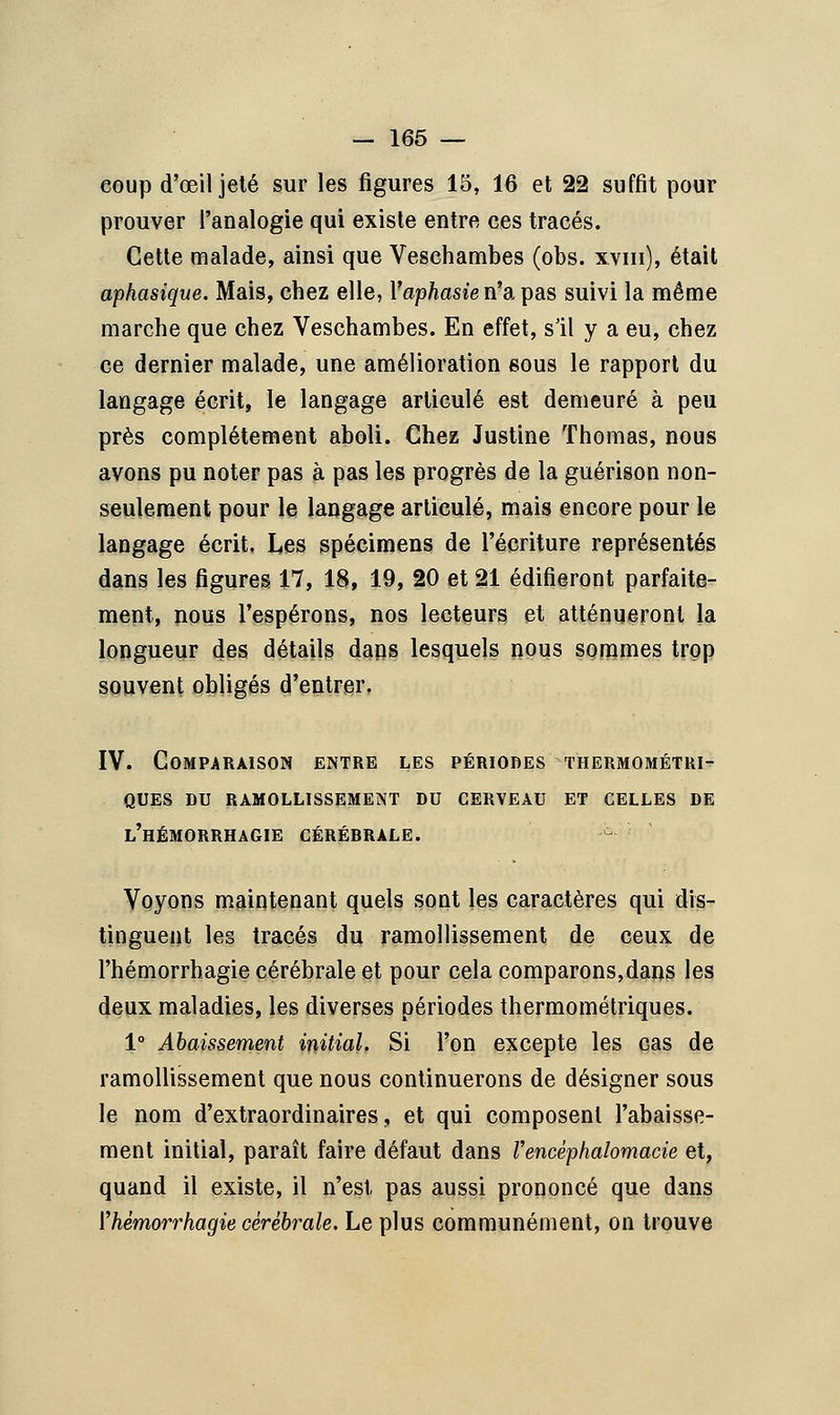 coup d'œil jeté sur les figures 15, 16 et 22 suffit pour prouver l'analogie qui existe entre ces tracés. Cette malade, ainsi que Veschambes (obs. xvin), était aphasique. Mais, cbez elle, Yaphasien'a,pas suivi la même marche que chez Veschambes. En effet, s'il y a eu, chez ce dernier malade, une amélioration sous le rapport du langage écrit, le langage articulé est demeuré à peu près complètement aboli. Chez Justine Thomas, nous avons pu noter pas à pas les progrès de la guérison non- seulement pour le langage articulé, mais encore pour le langage écrit. Les spécimens de l'écriture représentés dans les figures 17, 18, 19, 20 et 21 édifieront parfaite- ment, nous l'espérons, nos lecteurs et atténueront la longueur des détails dans lesquels nous sommes trop souvent obligés d'entrer, IV. Comparaison entre les périodes thermométki- ques du ramollissement du cerveau et celles de l'hémorrhagie cérébrale. ^ Voyons maintenant quels sont les caractères qui dis- tinguent les tracés du ramollissement de ceux de l'hémorrhagie cérébrale et pour cela comparons,dans les deux maladies, les diverses périodes thermométriques. 1° Abaissement initial. Si l'on excepte les cas de ramollissement que nous continuerons de désigner sous le nom d'extraordinaires, et qui composent l'abaisse- ment initial, paraît faire défaut dans Vencèphalomacie et, quand il existe, il n'est pas aussi prononcé que dans ['hèmorrhagie cérébrale. Le plus communément, on trouve