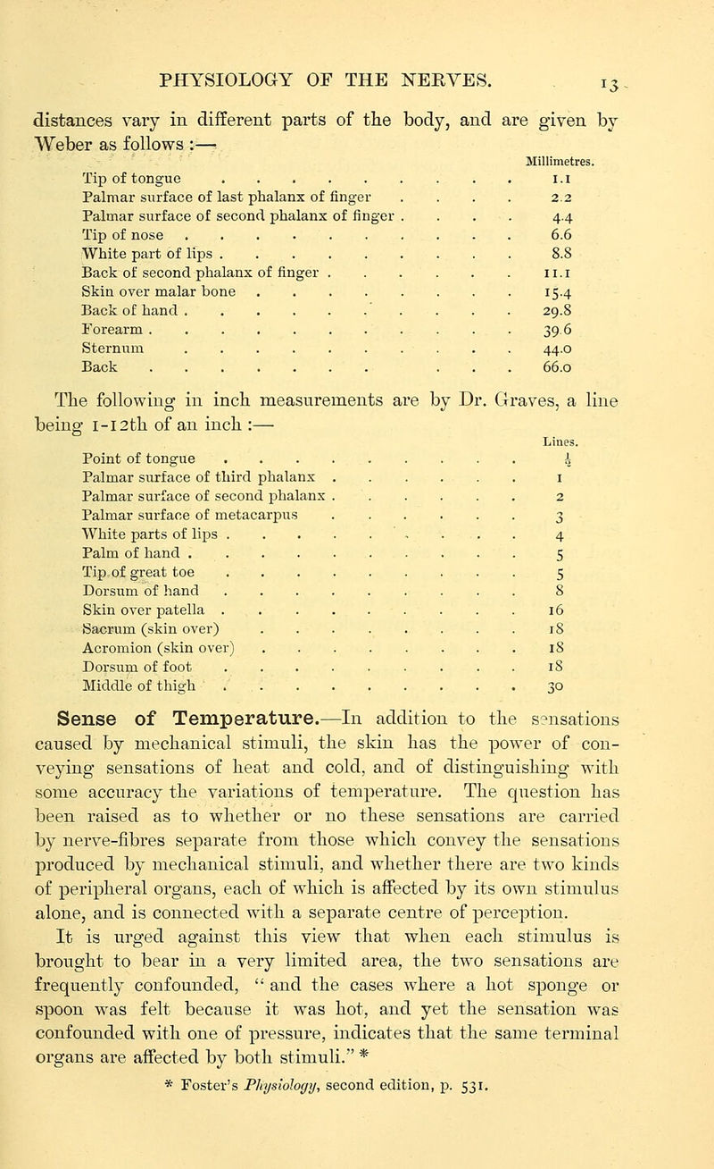 distances vary in different parts of the body, and are given by Weber as follows :— Millimetres. I.I 2.2 4.4 6.6 ... 8.8 II.I 15.4 29.8 39.6 44.0 66.0 Tip of tongue Palmar surface of last phalanx of finger Palmar surface of second phalanx of finger Tip of nose White part of lips Back of second phalanx of finger . Skin over malar bone .... Back of hand Forearm Sternum Back The following in inch measurements are by Dr. Grraves, a line being I-I2th of an inch :— Point of tongue Palmar surface of third phalanx Palmar surface of second phalanx Palmar surface of metacarpus White parts of lips . Palm of hand . Tip. of great toe Dorsum of hand Skin over patella . Sacrum (skin over) Acromion (skin over) Dorsum of foot Middle of thigh ' . Lines. 4 5 5 8 16 18 18 18 30 Sense of Temperature.—In addition to the sensations caused by mechanical stimuli, the skin has the power of con- veying sensations of heat and cold, and of distinguishing with some accuracy the variations of temperature. The question has been raised as to whether or no these sensations are carried by nerve-fibres separate from those which convey the sensations produced by mechanical stimuli, and whether there are two kinds of peripheral organs, each of which is affected by its own stimulus alone, and is connected with a separate centre of perception. It is urged against this view that when each stimulus is brought to bear in a very limited area, the two sensations are frequently confounded,  and the cases where a hot sponge or spoon was felt because it was hot, and yet the sensation was confounded with one of pressure, indicates that the same terminal organs are affected by both stimuli. *