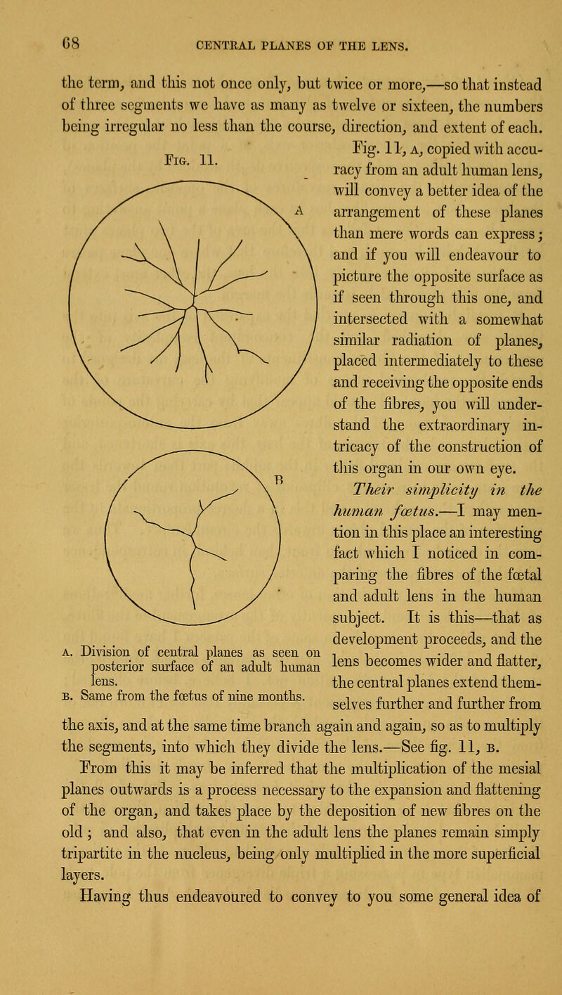 G8 Fig. 11. the term, and this not once only, but twice or more,—so that instead of three segments we have as many as twelve or sixteen, the numbers being irregular no less than the course, direction, and extent of each. Fig. 11, a, copied with accu- racy from an adult human lens, will convey a better idea of the arrangement of these planes than mere words can express; and if you will endeavour to picture the opposite surface as if seen through this one, and intersected with a somewhat similar radiation of planes, placed intermediately to these and receiving the opposite ends of the fibres, you will under- stand the extraordinary in- tricacy of the construction of this organ in our own eye. Their simplicity in the human foetus.—I may men- tion in this place an interesting fact which I noticed in com- paring the fibres of the festal and adult lens in the human subject. It is this—that as development proceeds, and the a. Division of central planes as seen on -, ■, • -, -, a ,, posterior surface of an adult human lens becomes wider and flatter, lens. the central planes extend them- B. Same from the fetus of nine months. ^^ ^^ ^ ^^ w the axis, and at the same time branch again and again, so as to multiply the segments, into which they divide the lens.—See fig. 11, b. From this it may be inferred that the multiplication of the mesial planes outwards is a process necessary to the expansion and flattening of the organ, and takes place by the deposition of new fibres on the old ; and also, that even in the adult lens the planes remain simply tripartite in the nucleus, being only multiplied in the more superficial layers. Having thus endeavoured to convey to you some general idea of