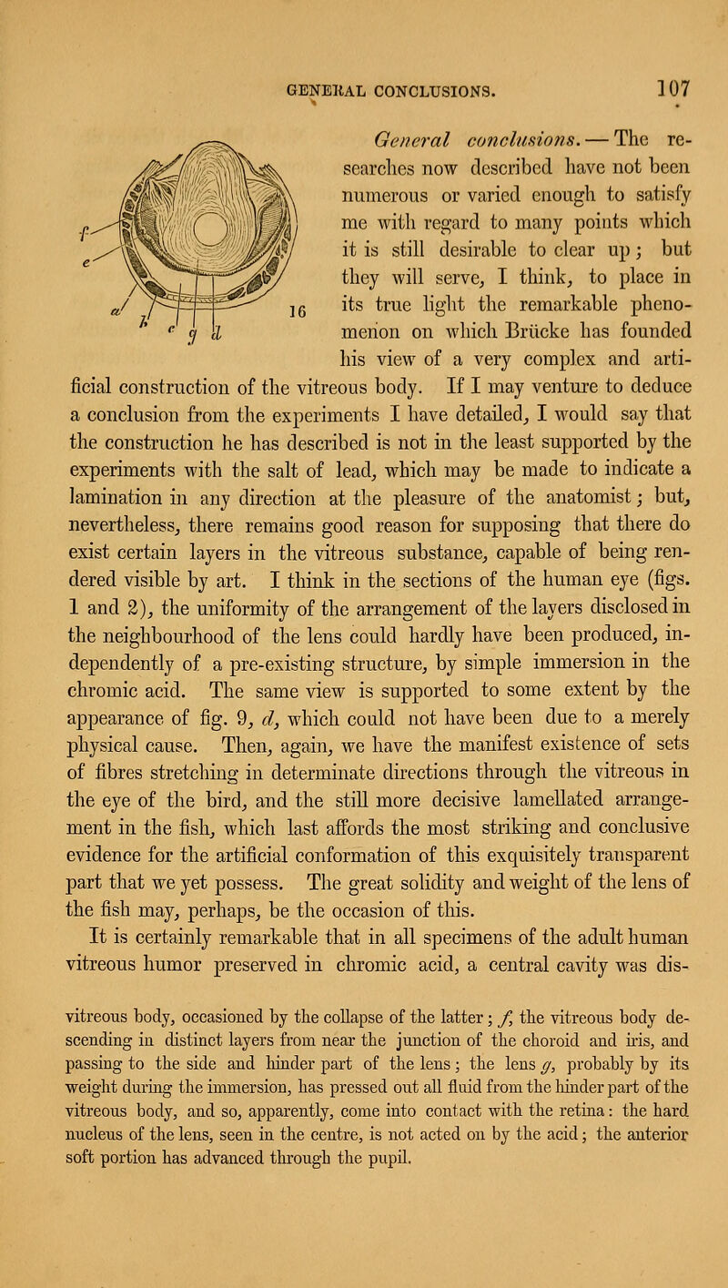 General conclusions. — The re- searches now described have not been numerous or varied enough to satisfy me with regard to many points which it is still desirable to clear up; but they will serve, I think, to place in its true light the remarkable pheno- menon on which Britcke has founded his view of a very complex and arti- ficial construction of the vitreous body. If I may venture to deduce a conclusion from the experiments I have detailed, I would say that the construction he has described is not in the least supported by the experiments with the salt of lead, which may be made to indicate a lamination in any direction at the pleasure of the anatomist; but, nevertheless, there remains good reason for supposing that there do exist certain layers in the vitreous substance, capable of being ren- dered visible by art. I think in the sections of the human eye (figs. 1 and 2), the uniformity of the arrangement of the layers disclosed in the neighbourhood of the lens could hardly have been produced, in- dependently of a pre-existing structure, by simple immersion in the chromic acid. The same view is supported to some extent by the appearance of fig. 9, d, which could not have been due to a merely physical cause. Then, again, we have the manifest existence of sets of fibres stretching in determinate directions through the vitreous in the eye of the bird, and the still more decisive lamellated arrange- ment in the fish, which last affords the most striking and conclusive evidence for the artificial conformation of this exquisitely transparent part that we yet possess. The great solidity and weight of the lens of the fish may, perhaps, be the occasion of this. It is certainly remarkable that in all specimens of the adult human vitreous humor preserved in chromic acid, a central cavity was dis- vitreous body, occasioned by the collapse of the latter; f, the vitreous body de- scending in distinct layers from near the junction of the choroid and his, and passing to the side and hinder part of the lens; the lens g, probably by its weight during the immersion, has pressed out all fluid from the hinder part of the vitreous body, and so, apparently, come into contact with the retina: the hard nucleus of the lens, seen in the centre, is not acted on by the acid; the anterior soft portion has advanced through the pupil.