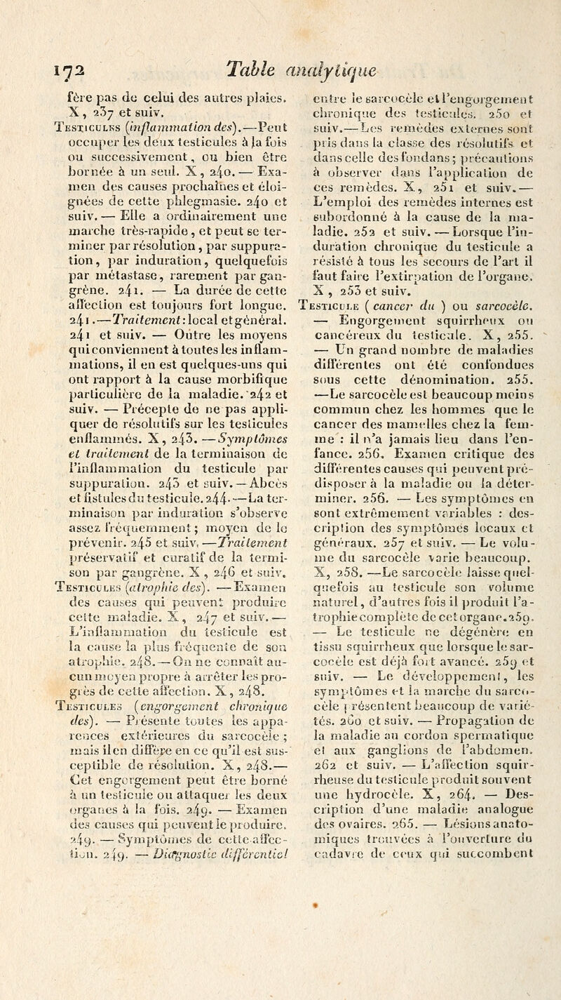 i?2 fère pas de celui des autres plaies. X, 237 et suiv. Testicules (inflammationdes).—Peut occuper les deux testicules à }a fois ou successivement, ou bien être bornée à un seul. X, 2/j.o.— Exa- men des causes prochaines et éloi- gnées de cette phlegmasie. 240 et suiv.— Elle a ordinairement une marche très-rapide, et peut se ter- miner par résolution, par suppura- tion, par induration, quelquefois par métastase, rarement par gan- grène. 241. — La durée de cette affection est toujours fort longue. 241 •—Traitement : local etgénéral. 241 et suiv. — Outre les moyens qui conviennent à toutes les inflam- mations, il en est quelques-uns qui ont rapport à la cause morbifique particulière de la maladie. '242 et suiv. — Précepte de ne pas appli- quer de résolutifs sur les testicules enflammés. X, 243. —Symptômes et traitement de la terminaison de l'inflammation du testicule par suppuration. 245 et suiv. — Abcès et fistules du testicule. 244- — ^a ter- minaison par induration s'observe assez fréquemment ; moyen de lo prévenir. 245 et suiv,—Traitement préservatif et curatif de la ternii- son par gangrène. X , 246 et suiv. Testicules (atrophie des). -—Examen des causes qui peuvent produire cette maladie. X, 247 et suiv. — , L'inflammation du testicule est la cause la plus fréquente de son atrophie. 248. — On ne connaît au- cun moyen propre à arrêter les pro- grès de cette affection. X, 248. Testicules (engorgement chronique des). —■ Présente toutes les appa- rences extérieures du sarcocèle ; mais il en diffère en ce qu'il est sus- ceptible de résolution. X, 248.— Cet engorgement peut être borné à un testicule ou attaquer les deux organes à la fois. 249. — Examen des causes qui peuvent le produire. 249. —Symptômes de ccttc-affcc- îiori. 249. — Diagnostic différentiel Table analytique entre le sarcocèle ell'engorgement chronique des testicules. 2.5o et suiv. — Les remèdes externes sont pris dans la classe des résolutifs et dans celle desfondans; précautions à observer dans l'application de ces remèdes. X, 251 et suiv.— L'emploi des remèdes internes est subordonné à la cause de la ma- ladie. 2Ô2 et suiv. — Lorsque l'in- duration chronique du testicule a résisté à tous les secours de l'art il faut faire l'extirpation de l'organe. X , 253 et suiv. Testicule (cancer du ) ou sarcocèle. — Engorgement squirrheux ou cancéreux du testicule. X, 255. — Un grand nombre de maladies différentes ont été confondues sous cette dénomination. 255. ■—Le sarcocèle est beaucoup moins commun chez les hommes que le cancer des mamelles chez la fem- me : il n'a jamais lieu dans l'en- fance. 256. Examen critique des différentes causes qui peuvent pré- disposer à la maladie ou la déter- miner. 2 56. ■— Les symptômes en sont extrêmement variables : des- cription des symptômes locaux et généraux. 257 et suiv. —Le volu- me du sarcocèle varie beaucoup. X, 258. -—Le sarcocèle laisse quel- quefois au testicule son volume naturel, d'autres fois il produit l'a- trophie complète decetorgane.25o. — Le testicule ne dégénère en tissu squirrheux que lorsque le sar- cocèle est déjà fort avancé. 25y et suiv. — Le développement, les symptômes et la marche du sarco- cèle présentent beaucoup de varié- tés. 260 et suiv. — Propagation de ia maladie au cordon spermalique e! aux ganglions de l'abdomen. 262 et suiv. — L'affection squir- rheuse du testicule produit souvent une hydrocèle. X, 264. — Des- cription d'une maladie analogue des ovaires. a65. — Lésionsanato- miques trouvées à l'ouverture du cadavre de ceux qui succombent