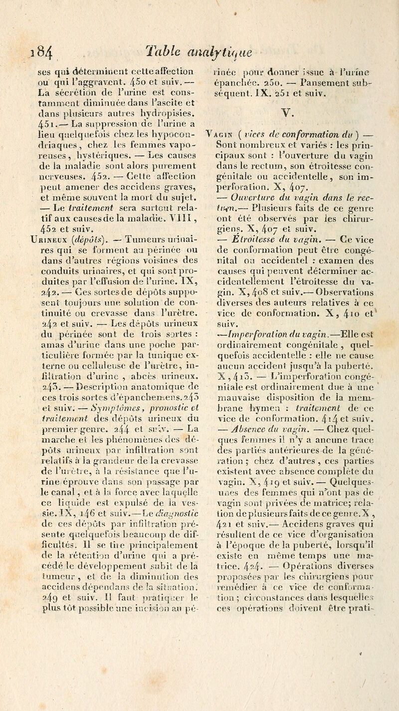 ses qui déterminent cette affection ou' qui l'aggravent. 4^o et suiv. — La sécrétion de l'urine est cons- tamment diminuée dans l'ascite et dans plusieurs autres hydropisies. 451.—-La suppression de l'urine a lieu quelquefois chez les hypocon- driaques, chez les femmes vapo- reuses , hystériques. — Les causes de la maladie sont alors purement nerveuses. 4^2- — Cette affection peut amener des accidens graves, et même souvent la mort du sujet. — Le traitement sera surtout rela- tif aux causes de la maladie. VIII, 452 et suiv. Urineux (dépôts). —Tumeurs ùririai- res qui se forment au périnée ou dans d'autres régions voisines des conduits urinaires, et qui sont pro- duites par l'effusion de l'urine. IX, 242. —■ Ces sortes de dépôts suppo- sent toujours une solution de con- tinuité ou crevasse dans l'urètre. 'xl\% et suiv. — Les dépôts urineux du périnée sont de trois sortes : amas d'urine dans une poche par- ticulière formée par la tunique ex- terne ou ceîluleuse de l'urètre, in- filtration d'urine , abcès urineux. 243. — Description anatomique de ces trois sortes d'épanchemens.245 et suiv. — Symptômes, pronostic et traitement des dépôts urineux du premier genre. 244 et suiv. —La marche et les phénomènes des dé- pôts urineux par infiltration sont relatifs à la grandeur de la crevasse de l'urètre, à la résistance que l'u- rine éprouve dans son passage par le canal, et à la force avec laquelle ce liquide est expulsé de la ves- sie. IX, i46 et suiv.—Le diagnostic de ces dépôts par infiltration pré- sente quelquefois beaucoup de dif- ficultés. 11 se tiie principalement de la rétention d'urine qui a pré- cédé le développement subit de la tumeur , et de la diminution des accidens dépendans de la situation^ 249 et suiv. Il faut pratiquer le plus tôt possible une incision au pé- rinée pour donner issue à l'urine épanchée. 200. — Pansement sub- séquent. IX. a5i et suiv. V. Vagin ( vices de conformation du ) — Sont nombreux et variés : les prin- cipaux sont : l'ouverture du vagin dans le rectum, son étroitesse con- génitale ou accidentelle, son im- perforation, x, 407. ■— Ouverture du vagin dans le rec- ttiffn.— Plusieurs faits de ce genre ont été observés par les chirur- giens. X, 407 et suiv. — Etroitesse du vagin. — Ce vice de conformation peut être congé- nital ou accidentel t examen des causes qui peuvent déterminer ac- cidentellement l'étroitesse du va- gin. X,4o8 et suiv.^—Observations diverses des auteurs relatives à ce vice de conformation. X, ^10 et* suiv. ~—lmperforation du vagin.—Elle est ordinairement congénitale , quel- quefois accidentelle : elle ne cause aucun accident jusqu'à la puberté. X,/ji3. — L'imperforation congé- nitale est ordinairement due à une mauvaise disposition de la mem- brane hymea : traitement de ce vice de conformation. 4î4e* suiv. — Absence du vagin. — Chez quel- ques femmes il n'y a ancune trace des parties antérieures de la géné- ration ; chez d'autres , ces parties existent avec absence complète du vagin. X, 4^9 et suiv.— Quelques- unes des femmes qui n'ont pas de vagin sont privées de matrice; rela- tion de plusieurs faits de ce genre. X , 421 et sniv.— Accidens graves qui résultent de ce vice d'organisation à l'époque de la puberté, lorsqu'il existe en même temps une ma- trice. 424'« — Opérations diverses proposées par les chirurgiens pour remédier à ce vice de conforma- tion ; circonstances dans lesquelles ces opérations doivent être prati-