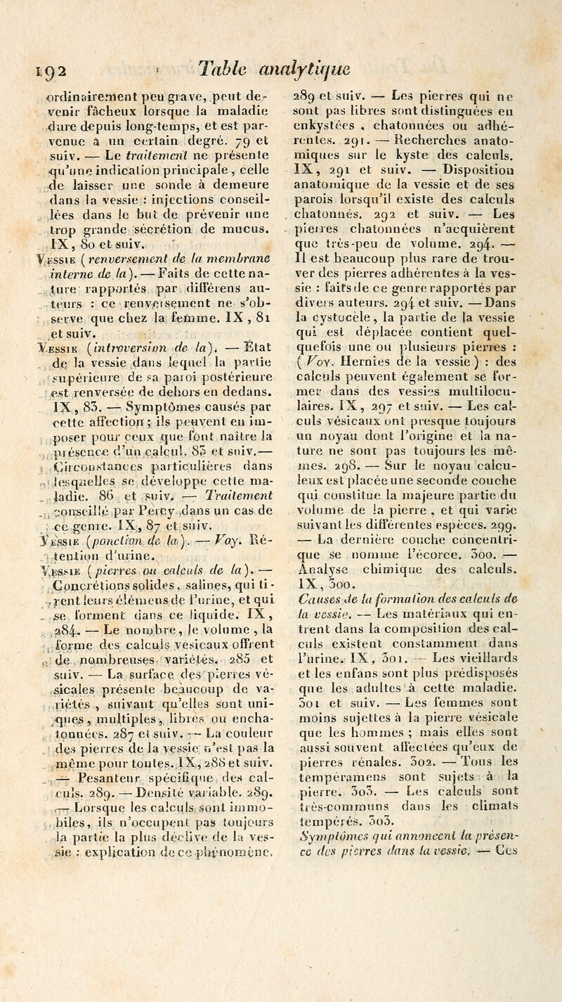 ordinairement peu grave, peut de- venir fàeheux lorsque la maladie dure depuis long-temps, et est par- venue à un certain degré. 79 et suiv. — Le traitemciil ne présente qu'une indication principale , celle ;de laisser une sonde à demeure dans la vessie : injections conseil- lées dans le but de prévenir une trop grande sécrétion de mucus. IX, 80 et suiv. Vessie [renversement de la membrane interne de la). — Faits de cette na- ture rapportés par différens au- teurs : ce renversement ne s'ob- serve que chez la femme. IX , 81 et suiv. y.EssiE [introversion de la). —Etat de la vessie dans lequel la partie supérieure de .«a paroi postérieure est renversée de dehors en dedans. IX, 83. — Symptômes causés par cette affection ; ils peuvent eu im- poser pour ceux que font naître la orésenee d'un calcul. 83 et suiv.— Circonstances particulières dans r, iesqîïeljes se développe cette ma- ladie. 86 et suiv. — Traitement _ .conseillé par Fercy,dans un cas de ; ce genre. IX, 87 et.suiv. Russie (ponction de la). — Voy. Ré- tention d'urine. Yvesme (pierres ou calculs de la).— Concrétions solides, salines, qui ti - ,yentleursé!émensde l'urine, et qui , se forment dans ce liquide. IX, 284* — Le nombre, |e volume , la , forme des calculs vesicaux offrent B de nombreuses variétés. 285 et suiv. — La surface des pierres vé- sicales présente beaucoup de va- riétés , suivant qu'elles sont uni- ques, multiples, libres ou encha- tonnées. 287 et suiv. — La couleur des pierres de la vessie n'est pas la même pour toutes. IX, ■!§& et suiv. — Pesanteur spécifique des cal- culs. 289. — Densité variable. 289. 03 Lorsque les calculs sont immo- , biles, ils n'occupent pas toujours la part/e la plus déclive de la ves- sie : explication de ce phénomène. 289 et suiv. — Les pierres qui ne sont pas libres sont distinguées en enkystées , chatonnées ou adhé- rentes. 29 F. — Recherches anato- miques sur le kyste des calculs. IX, 291 et suiv. — Disposition anatomique de la vessie et de ses parois lorsqu'il existe des calculs chatonnés. 292 et suiv. — Les pierres chatonnées n'acquièrent que très-peu de volume. 294. —- Il est beaucoup plus rare de trou- ver des pierres adhérentes à la ves- sie : faits de ce genre rapportés par divers auteurs. 294 et suiv. —Dans la cystocèle, la partie de la vessie qui est déplacée contient quel- quefois une ou plusieurs pierres : ( Voy. Hernies de la vessie ) : des calculs peuvent également se for- mer dans des vessies multilocu- laires. IX, 297 et suiv. — Les cal- culs vésicaux ont presque toujours un noyau dont l'origine et la na- ture ne sont pas toujours les mê- mes. 298. — Sur le noyau calcu- leux est placée une seconde couche qui constitue la majeure partie du volume de la pierre , et qui varie suivant les différentes espèces. 299. — La dernière couche concentri- que se nomme i'écorce. 3oo. — Analyse chimique des calculs. IX,3oo. Causes de la formation des calculs de la vessie. — Les matériaux qui en- trent dans la composition des cal- culs existent constamment dans l'urine. IX, 5oi. — Les vieillards et les enfans sont plus prédisposés que les adultes à cette maladie. Soi et suiv. —Les femmes sont moins sujettes à la pierre vésicale que les hommes ; mais elles sont aussi souvent affectées qu'eux de pierres rénales. 3o2. — Tous les tempéramens sont sujets à la pierre. 3o3. — Les calculs sont très-communs dans les climats tempérés. 3o3. Symptômes qui annoncent la présen- ce des pierres dans la vessie, — Ces