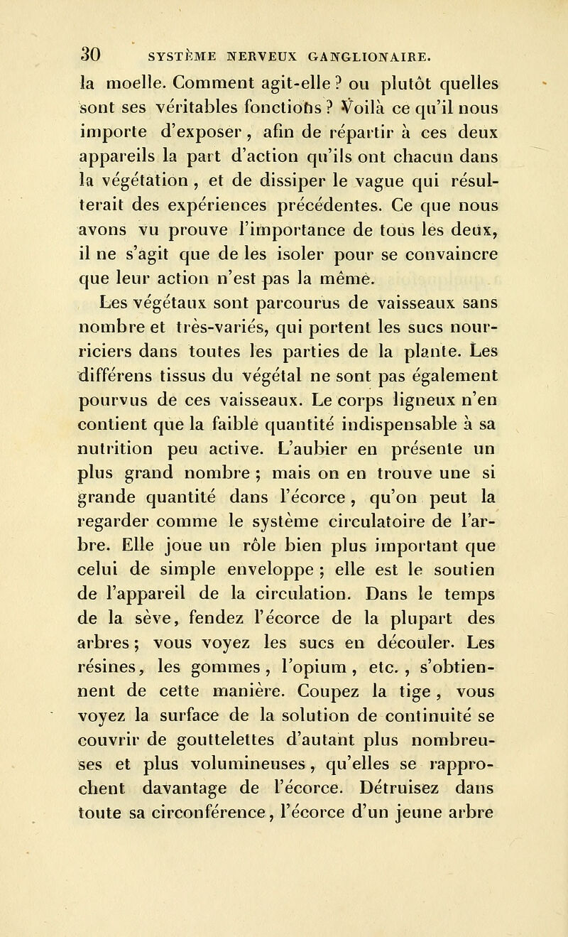 la moelle. Comment agit-elle? OU plutôt quelles sont ses véritables fonctiofis ? Voilà ce qu'il nous importe d'exposer, afin de répartir à ces deux appareils la part d'action qu'ils ont chacun dans la végétation , et de dissiper le vague qui résul- terait des expériences précédentes. Ce que nous avons vu prouve l'importance de tous les deux, il ne s'agit que de les isoler pour se convaincre que leur action n'est pas la même. Les végétaux sont parcourus de vaisseaux sans nombre et très-variés, qui portent les sucs nour- riciers dans toutes les parties de la plante. Les différens tissus du végétal ne sont pas également pourvus de ces vaisseaux. Le corps ligneux n'en contient que la faible quantité indispensable à sa nutrition peu active. L'aubier en présente un plus grand nombre ; mais on en trouve une si grande quantité dans l'écorce, qu'on peut la regarder comme le système circulatoire de l'ar- bre. Elle joue un rôle bien plus important que celui de simple enveloppe ; elle est le soutien de l'appareil de la circulation. Dans le temps de la sève, fendez l'écorce de la plupart des arbres ; vous voyez les sucs en découler. Les résines, les gommes, l'opium, etc., s'obtien- nent de cette manière. Coupez la tige, vous voyez la surface de la solution de continuité se couvrir de gouttelettes d'autant plus nombreu- ses et plus volumineuses, qu'elles se rappro- chent davantage de l'écorce. Détruisez dans toute sa circonférence, l'écorce d'un jeune arbre