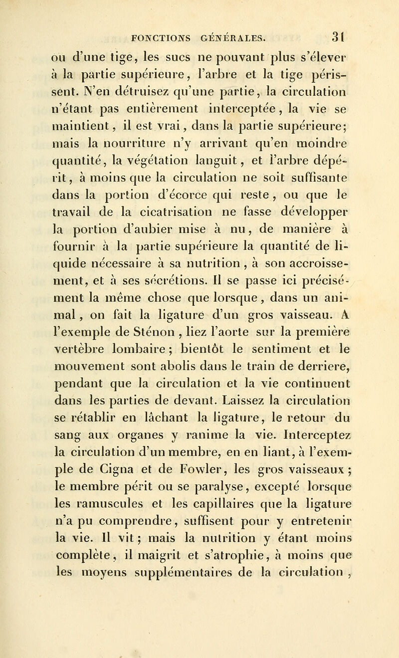 OU d'une tige, les sucs ne pouvant plus s'élever à la partie supérieure, l'arbre et la tige péris- sent. N'en détruisez qu'une partie, la circulation n'étant pas entièrement interceptée, la vie se maintient, il est vrai, dans la partie supérieure; mais la nourriture n'y arrivant qu'en moindre quantité, la végétation languit, et l'arbre dépé- rit, à moins que la circulation ne soit suffisante dans la portion d'écorce qui reste , ou que le travail de la cicatrisation ne fasse développer la portion d'aubier mise à nu, de manière à fournir à la partie supérieure la quantité de li- quide nécessaire à sa nutrition, à son accroisse- ment, et à ses sécrétions. Il se passe ici précisé- ment la même chose que lorsque, dans un ani- mal , on fait la ligature d'un gros vaisseau. A. l'exemple de Sténon , liez l'aorte sur la première vertèbre lombaire ; bientôt le sentiment et le mouvement sont abolis dans le train de derrière, pendant que la circulation et la vie continuent dans les parties de devant. Laissez la circulation se rétablir en lâchant la ligature, le retour du sang aux organes y ranime la vie. Interceptez la circulation d'un membre, en en liant, à l'exem- ple de Cigna et de Fowler, les gros vaisseaux; le membre périt ou se paralyse, excepté lorsque les ramuscules et les capillaires que la ligature n'a pu comprendre, suffisent pour y entretenir la vie. Il vit ; mais la nutrition y étant moins complète, il maigrit et s'atrophie, à moins que les moyens supplémentaires de la circulation ,