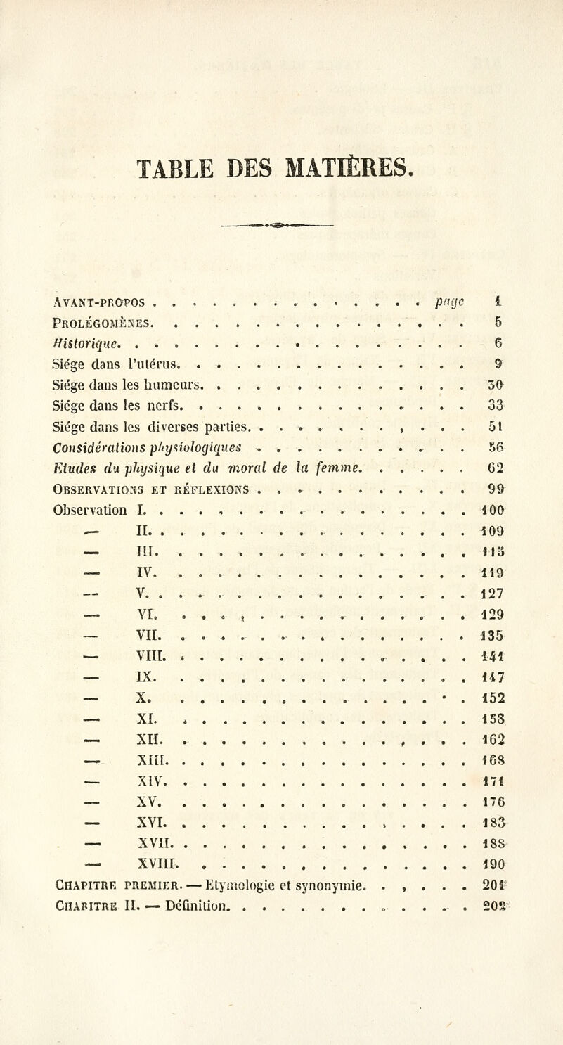 TABLE DES MATIÈRES. Avant-propos ;....... page l Prolégomènes. , . . . 5 Historique. . * • 6 Siège dans l'utérus. ......* 9^ Siège dans les humeurs. 30 Siège dans les nerfs 33 Siège dans les diverses parties ,..,... 51 Considéralions phyùologiques ........ .^ . . 56 Etudes du physique et du moral de la femme 62 OBSERVATIOZiS ET RÉFLEXIONS 99^ Observation I. ......... 100 — II. . i09 —. ni JI5 — IV. 119 V 127 —- VI. 129 — VII 135 — Vlir. * 141 — IX. 147 — X. 152 — Xî 15S — XII. 162 -* Xni. . 168 — XIV 171 — XV 176 — XVI isà — XVÏI 188 — XVIII. 190 Chapitre premier. — Eiymclogie et synonymie. . , . . . 201 Chapitre II. — Définition » . . . . 202