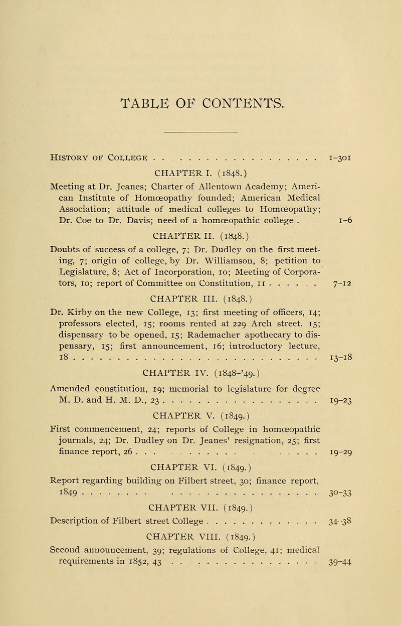 TABLE OF CONTENTS. History of Coi<i,sge 1-301 CHAPTER I. (1848.) Meeting at Dr. Jeanes; Charter of Allentown Academy; Ameri- can Institute of Homoeopathy founded; American Medical Association; attitude of medical colleges to Homoeopathy; Dr. Coe to Dr. Davis; need of a homoeopathic college . 1-6 CHAPTER H. (1848.) Doubts of success of a college, 7; Dr. Dudley on the first meet- ing, 7; origin of college, by Dr. Williamson, 8; petition to Legislature, 8; Act of Incorporation, 10; Meeting of Corpora- tors, 10; report of Committee on Constitution, 11 7-12 CHAPTER HI. (1848.) Dr. Kirby on the new College, 13; first meeting of officers, 14; professors elected, 15; rooms rented at 229 Arch street. 15; dispensary to be opened, 15; Rademacher apothecary to dis- pensary, 15; first announcement, 16; introductory lecture, 18 13-18 CHAPTER IV. (i848-'49.) Amended constitution, 19; memorial to legislature for degree M. D. and H. M. D., 23 19-23 CHAPTER V. (1849.) First commencement, 24; reports of College in homoeopathic journals, 24; Dr. Dudley on Dr. Jeanes' resignation, 25; first finance report, 26 I9~29 CHAPTER VI. (1S49.) Report regarding building on Filbert street, 30; finance report, 1849 30-33 CHAPTER VII. (1849.) Description of Filbert street College 34-38 CHAPTER VIII. (1849.) Second announcement, 39; regulations of College, 41; medical requirements in 1852, 43 . . 39-44