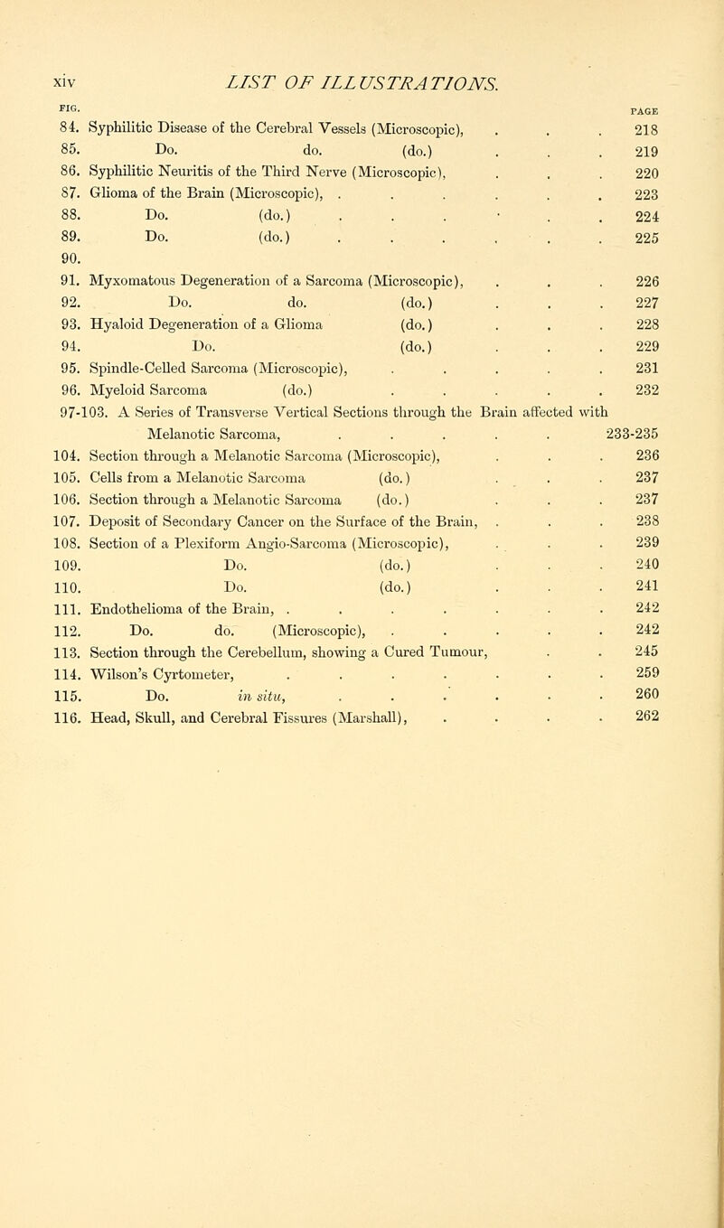 FIG- PAGE 84. Syphilitic Disease of the Cerebral Vessels (Microscopic), . . . 218 85. Do. do. (do.) . . .219 86. Syphilitic Neuritis of the Third Nerve (Microscopic), . . . 220 87. Glioma of the Brain (Microscopic), ...... 223 88. Do. (do.) ...... 224 89. Do. (do.) . . . ■ . .225 90. 91. Myxomatous Degeneration of a Sarcoma (Microscopic), . . . 226 92. Do. do. (do.) . . .227 93. Hyaloid Degeneration of a Glioma (do.) ... 228 94. Do. (do.) . . . 229 95. Spindle-Celled Sarcoma (Microscopic), ..... 231 96. Myeloid Sarcoma (do.) ..... 232 97-103. A Series of Transverse Vertical Sections through the Brain affected with Melanotic Sarcoma, ..... 233-235 104. Section through a Melanotic Sarcoma (Microscopic), . . . 236 105. Cells from a Melanotic Sarcoma (do.) . . . 237 106. Section through a Melanotic Sarcoma (do.) . . . 237 107. Deposit of Secondary Cancer on the Surface of the Brain, . . . 238 108. Section of a Plexiform Angio-Sarcoma (Microscopic), . . . 239 109. Do. (do.) . . .240 110. Do. (do.) . . .241 111. Endothelioma of the Brain, . . . . . . .242 112. Do. do. (Microscopic), ..... 242 113. Section through the Cerebellum, showing a Cured Tumour, . . 245 114. Wilson's Cyrtoineter, ....... 259 115. Do. in situ, . . . . .260 116. Head, Skull, and Cerebral Fissures (Marshall), . . • .262